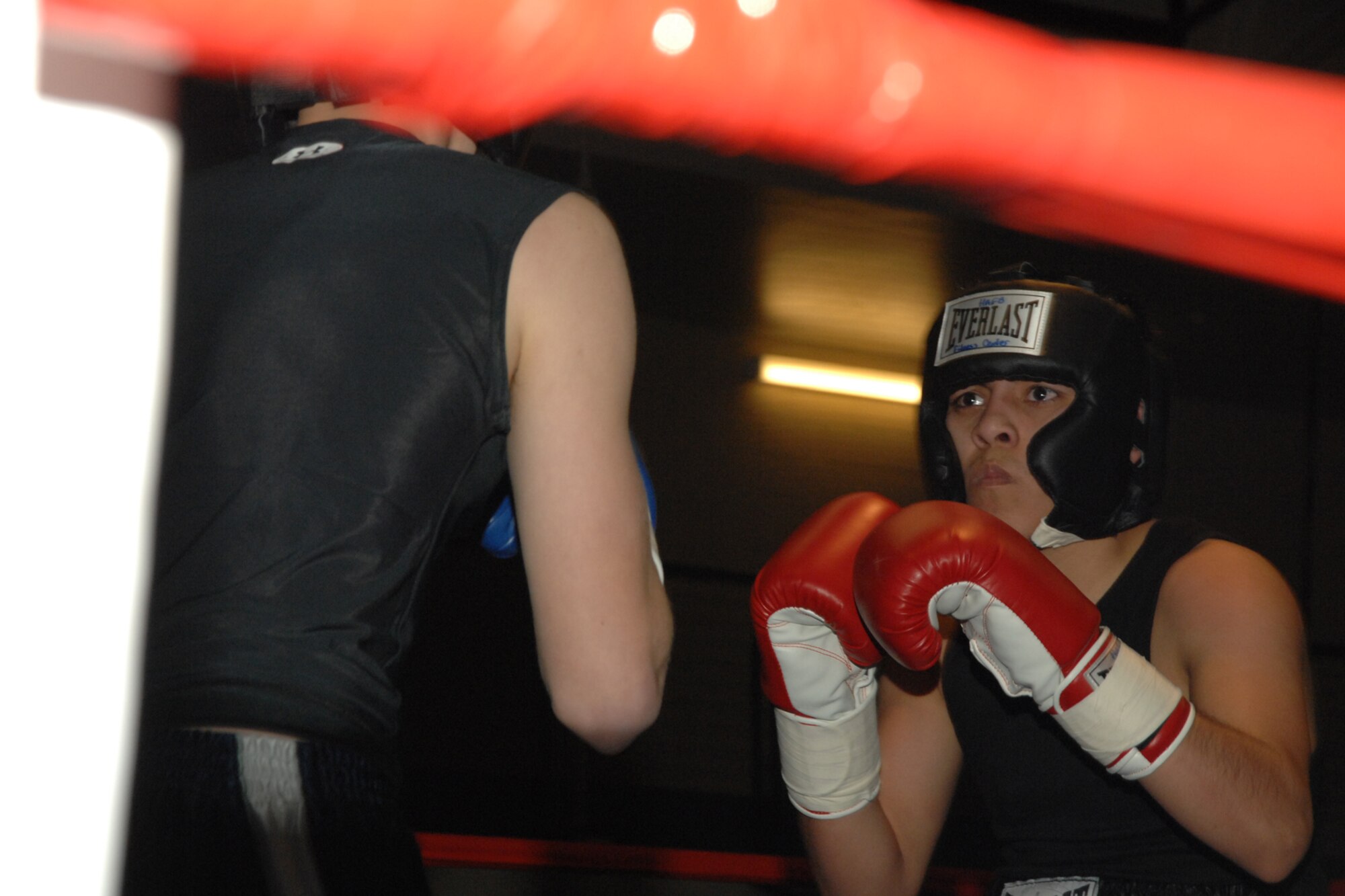 Airman 1st Class Jovany Cerezo, 49th Communications Squadron, sizes his opponent during a Raptor Rumble match March 7 at Holloman Air Force Base, N.M. Airman Cerezo won the three round fight by decision. (U.S. Air Force photo/Airman 1st Class Jamal D. Sutter)