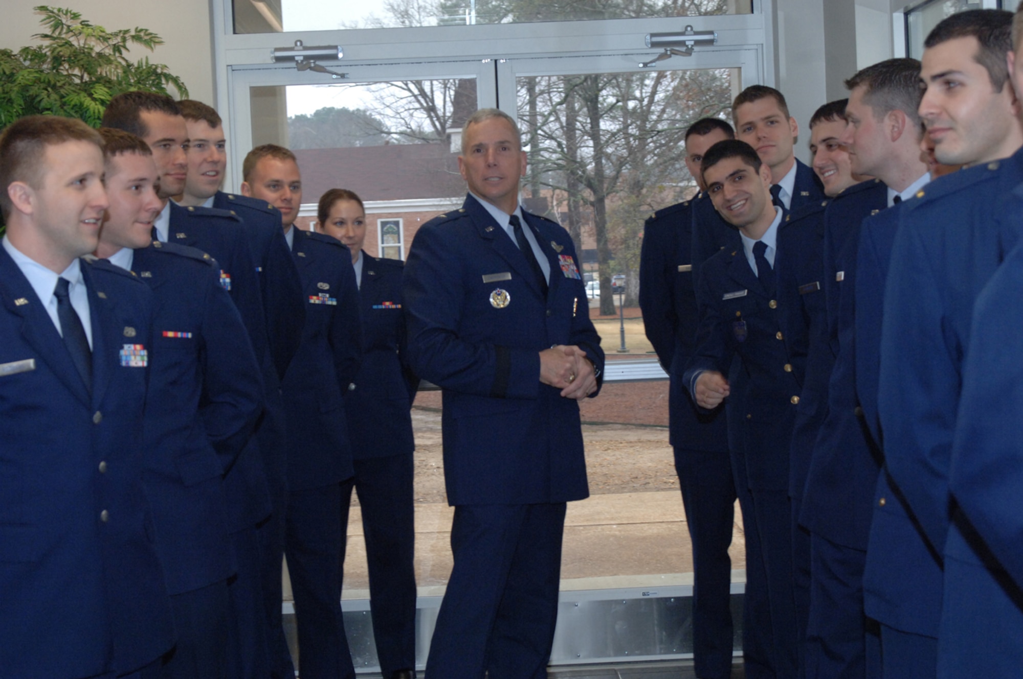 Brigadier Gen. Floyd Carpenter, 8th Air Force vice commander, visits with Specialized Undergraduate Pilot Training Class 08-06 prior to the graduation ceremony Friday. General Carpenter was the keynote speaker at the graduation. (U.S. Air Force photo by Airman 1st Class Danielle Hill)