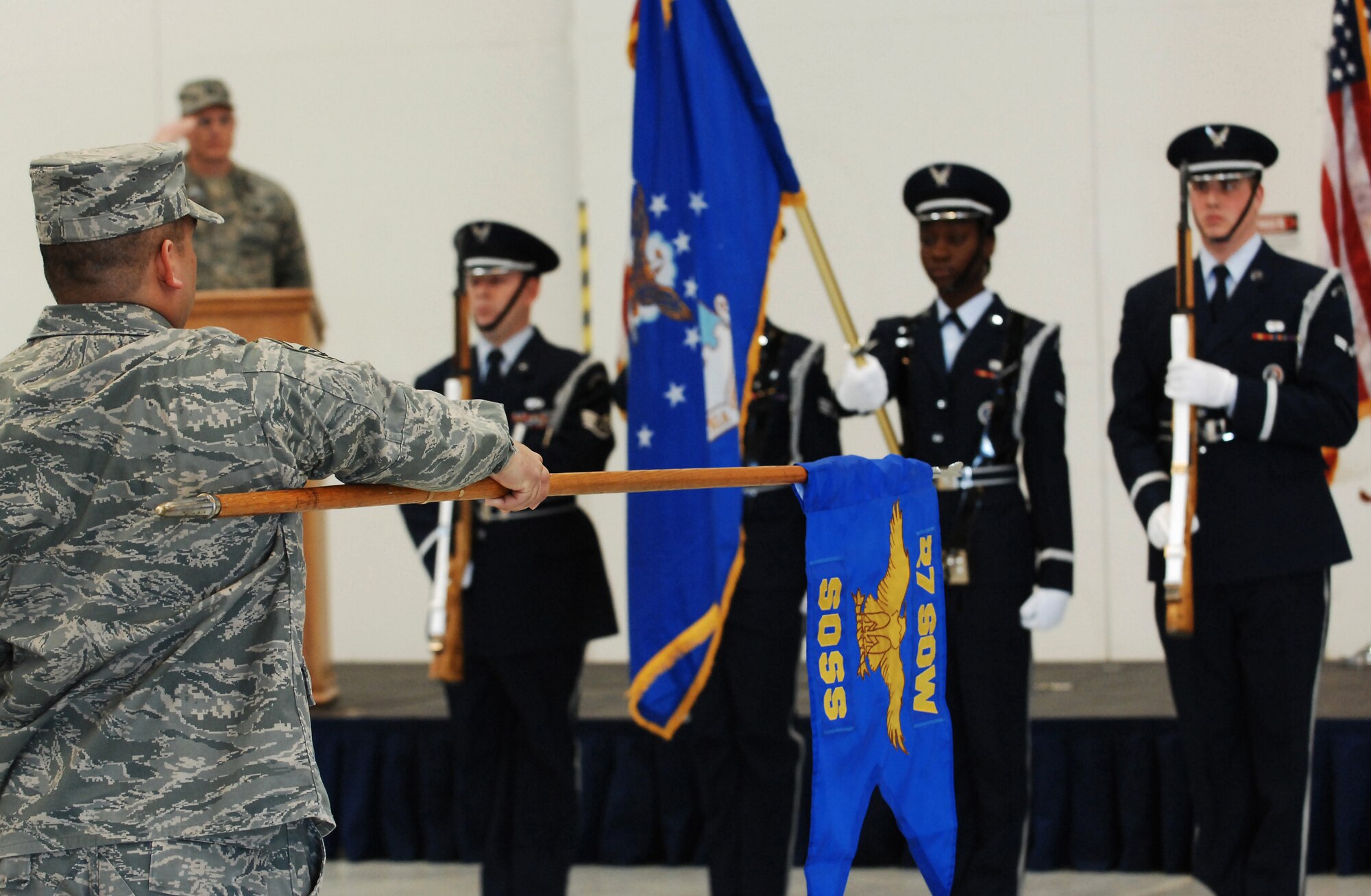 CANNON AIR FORCE BASE, N.M. --  The Base Honor Guard present the colors during the 27th Special Operations Squadron change of command ceremony.  Lt. Col. Toby Corey assumed command of the 27 SOSS on March 10.  (US Air Force photo by Airman 1st Class Liliana Moreno)  