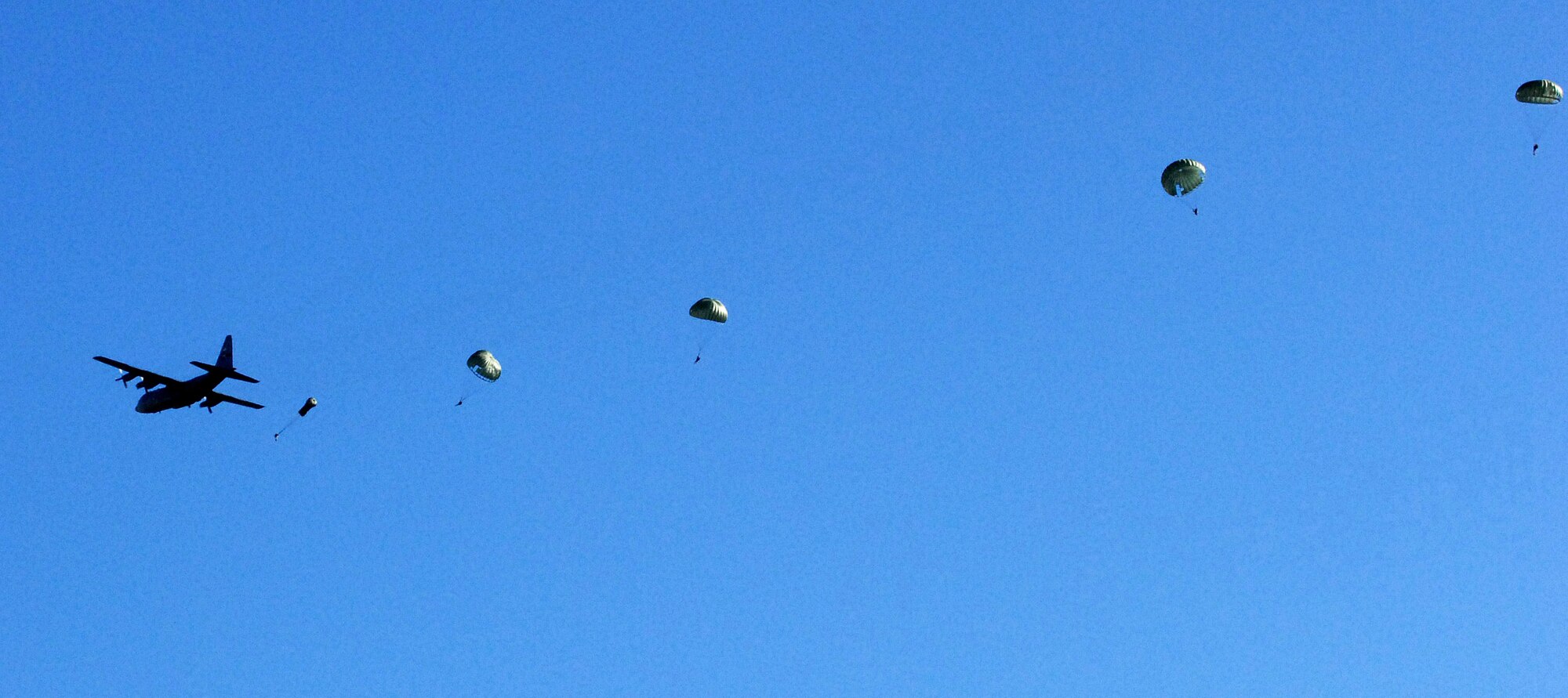 A Dyess C-130 Hercules from Dyess Air Force Base, Texas, drops personnel during the first airborne operation in more than 10 years Feb. 27 over the Recondo Drop Zone at Fort Hood, Texas. (U.S. Army photo/Cpl. John Ortiz) 
