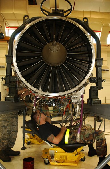 Airman 1st Class Donald Eldridge, 18th Component Maintenance Squadron Propulsion Flight, performs routine maintenance on the compression bleed cylinders of an F-15 engine during the 2008 Pacific Air Forces Operational Readiness Inspection at Kadena Air Base, Japan, March 10, 2008. PACAF is conducting the inspection from March 9 to 15 to validate the mission readiness of the 18th Wing.
(U.S. Air Force photo/Senior Airman Jeremy McGuffin)