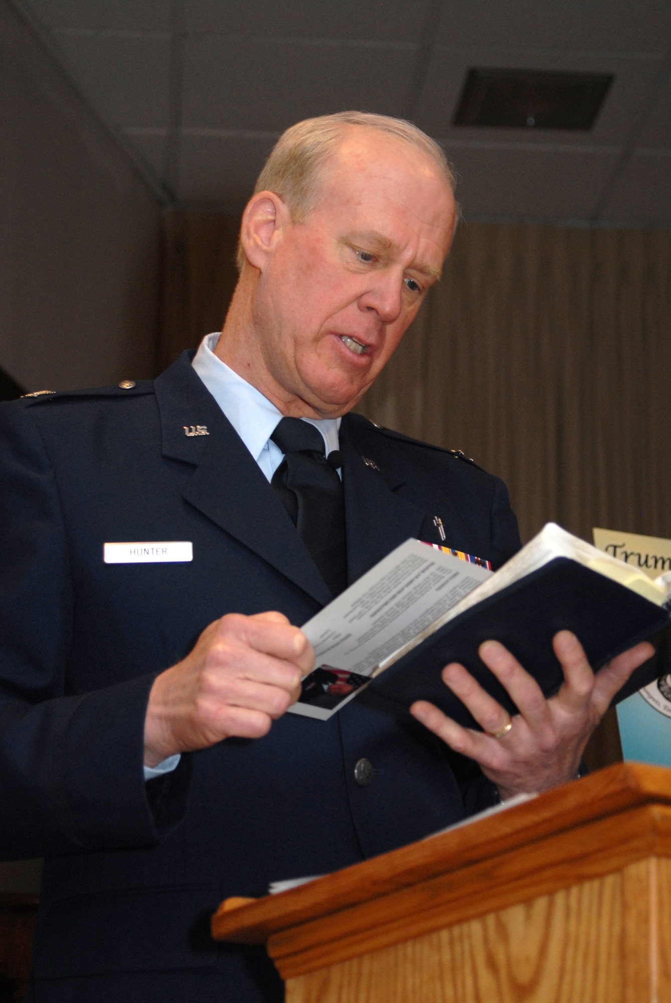 Chaplain (Col.) Brian Hunter, Air Force Space Command Chaplain, delivers his keynote speech at the National Prayer Luncheon at the Grizzly Bend Club March 5. (U.S. Air Force photo/John Turner)