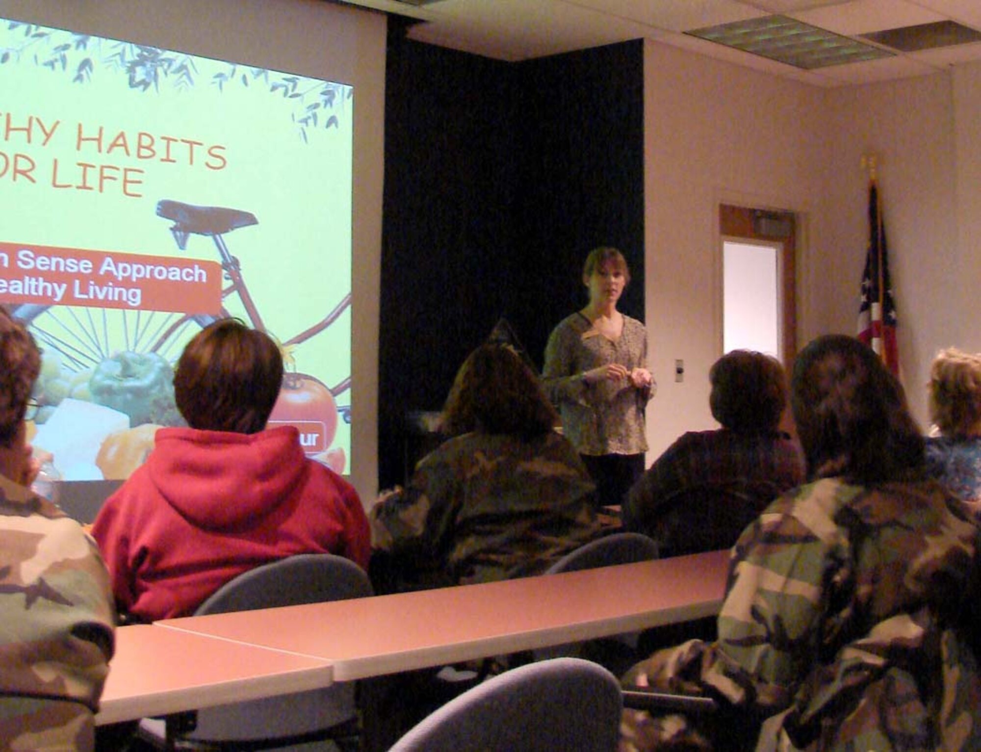 Jacquie Maillet, Registerd Dietician with the Health and Wellness Center, conducts a Nutrition 102 class March 4 for participants in the Largest Loser program. She was teaching them about establlishing healthy habits for life. (U.S. Air Force photo/Valerie Mullett) 