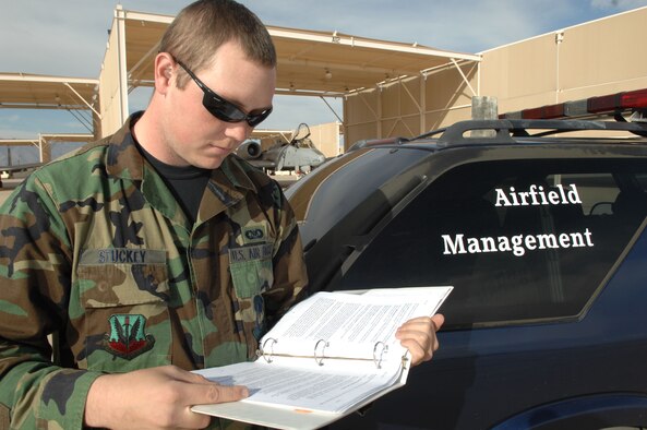 Airman 1st Class James Stuckey, 355th Operations Support Squadron Airfield Manager conducts daily airfield check looking for foreign object damage (FOD), pavement failures, wildlife hazards, proper flightline driving procedures and overall safe continuation of airfield operations to ensure a safe, hazard free airfield enviornment.