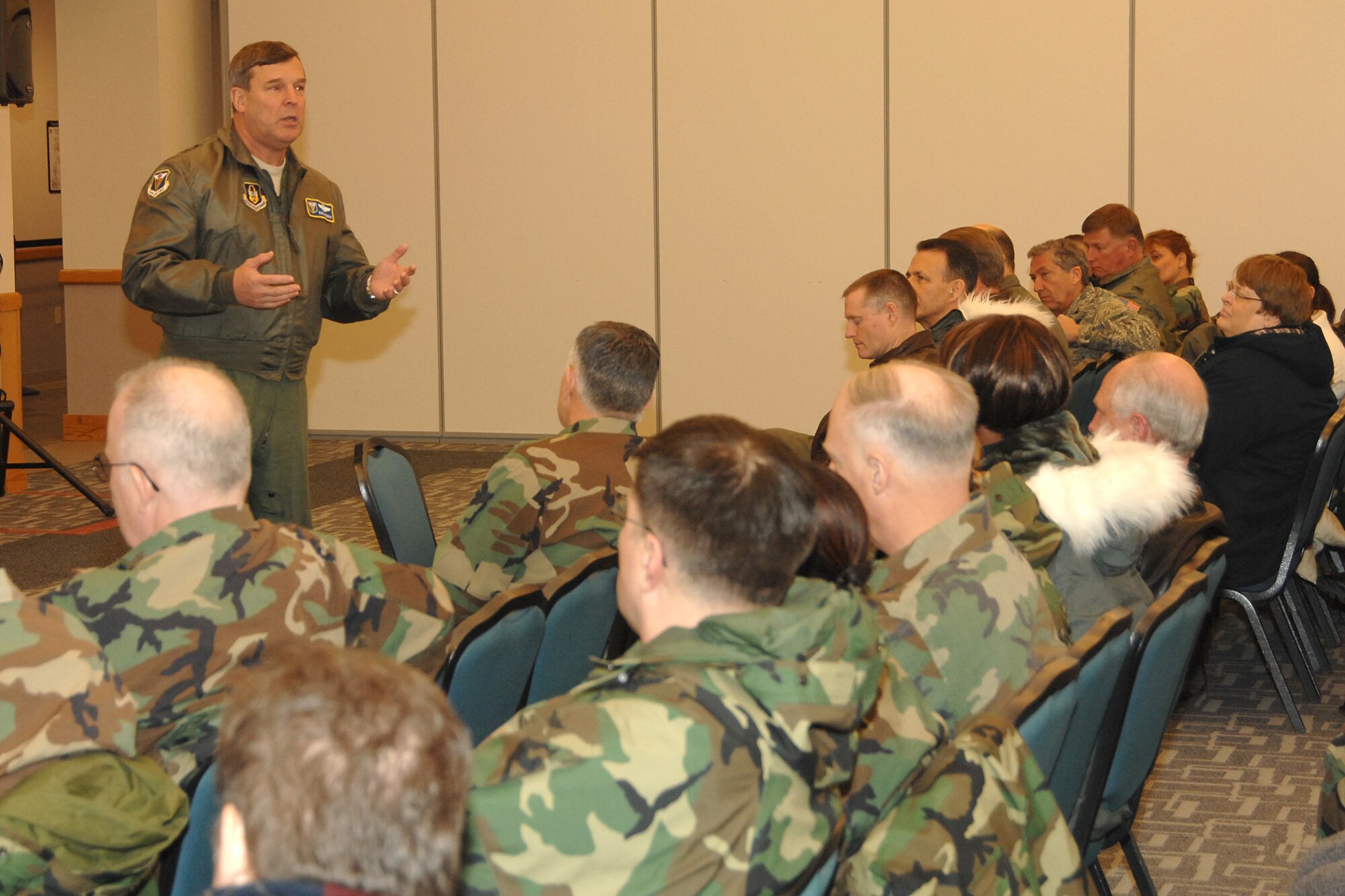 Maj. Gen. Robert Duignan, Fourth Air Force commander, conducrs commander's call Jan. 30, 2008 with 927th Air Refueling Wing military and civilian workforce. The main topic being the wing's relocation this year to MacDill AFB, Florida. The general and his staff had visited 4AF/Det 1 at MacDill before making the trek to Selfridge ANG Base. Following the general's remarks a question answer period produced some thought provoking matters to be considered to make the transition as smooth and painless as possible