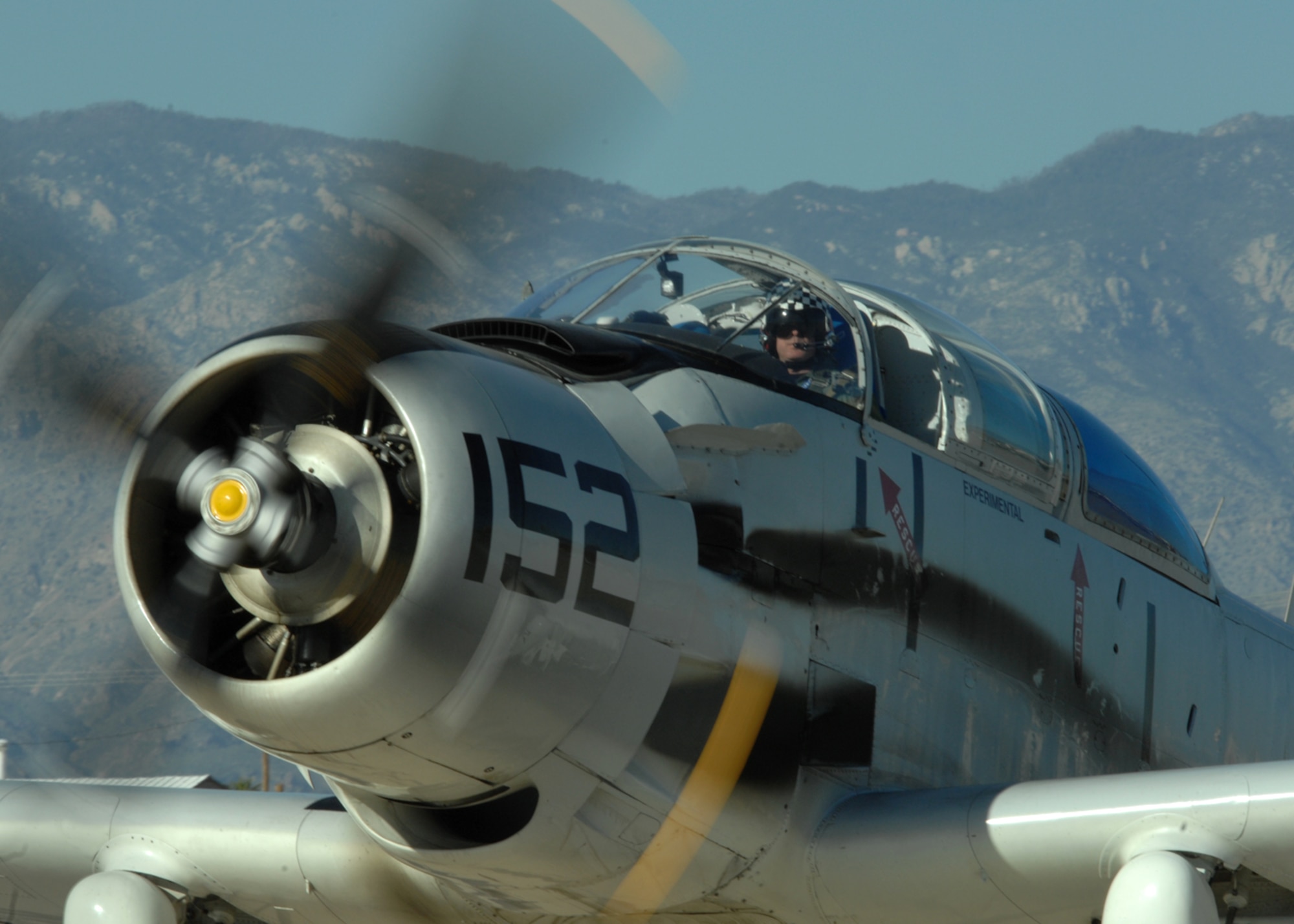 An A-1 Sky Raider taxis out to the runway, March 8 at Davis-Monthan AFB, Ariz during the 2008 Air Combat Command Heritage Flight Conference. An A-10 Thunderbolt II from the A-10 West Coast Demonstration Team, a P-47, and a P-40 fly in formation during the 2008 Air Combat Command Heritage Flight Conference at Davis-Monthan AFB, Ariz, March 8. A P-51 Mustang, F-86 Sabre, and a F-15 from the West Coast demonstration team fly in formation during the 2008 Air Combat Command heritage Flight Conference, March 8 at Davis-Monthan AFB, Ariz. The Heritage Conference provides an opportunity for Air Combat Command demonstration pilots to train together with modern and historic military aircraft in preparation for the upcoming air show seasons. (U.S. Air Force photo by Senior Airman Christina D. Kinsey)
