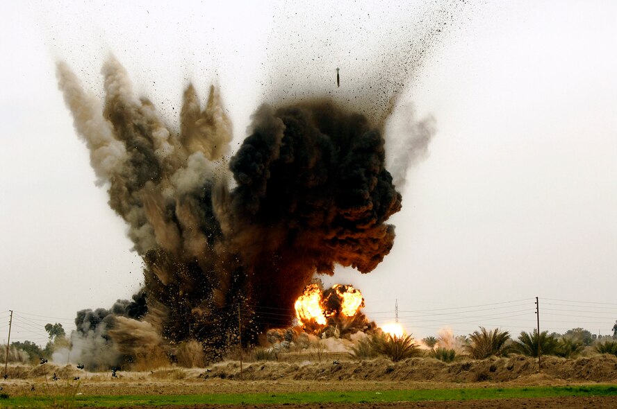 An al-Qaida torture compound and prison is destroyed after being hit with six guided bomb unit-38 Joint Direct Attack Munitions from a B-1B Lancer at 2:07 p.m. March 10 in Zenbaraniyah, Iraq. (U.S. Air Force photo/Master Sgt. Andy Dunaway)