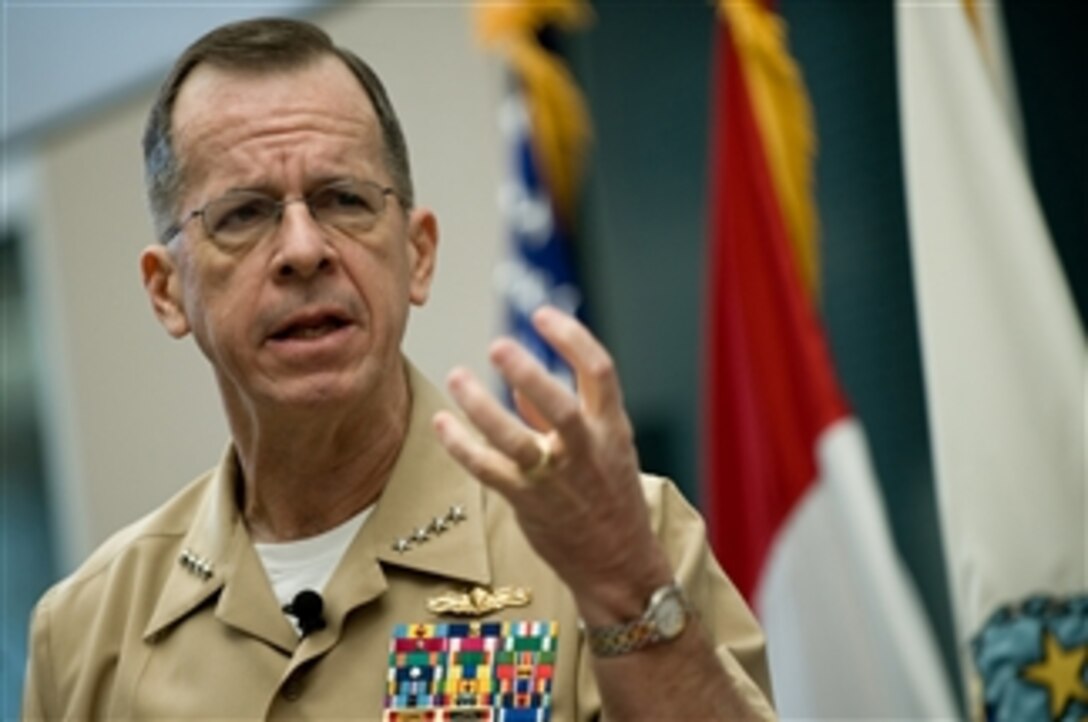 Chairman of the Joint Chiefs of Staff Adm. Mike Mullen, U.S. Navy, speaks to service members and civilians assigned to U.S. Northern Command on Peterson Air Force Base, Colo., on March 10, 2008. 