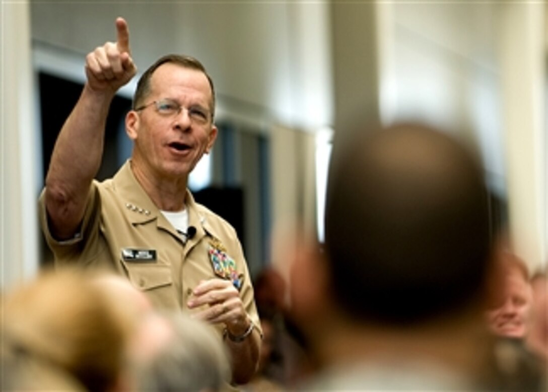 U.S Navy Adm. Mike Mullen, chairman of the Joint Chiefs of Staff, speaks to troops and civilians assigned to U.S. Northern Command, Peterson Air Force Base, Colo., March 10, 2008.