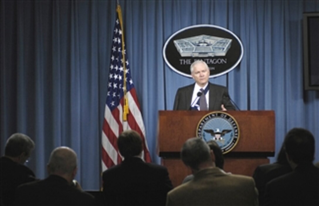 Defense Secretary Robert M. Gates announces he has accepted the request of early retirement of Navy Adm. William J. Fallon as Commander of U.S. Central Command during an announcement at the Pentagon, March 11, 2008.  