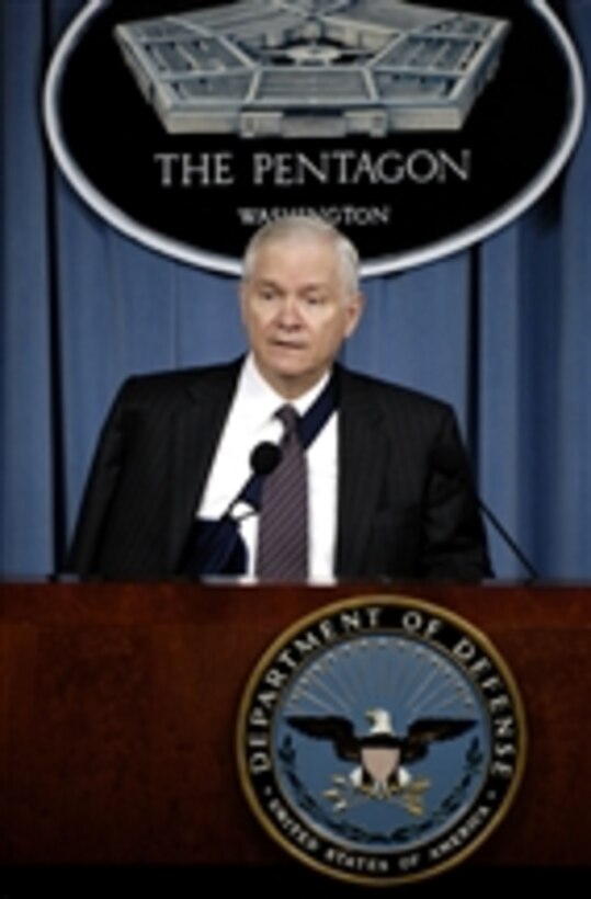 Secretary of Defense Robert M. Gates announces he has accepted the request for retirement from Commander, U.S. Central Command Adm. William J. Fallon, U.S. Navy, during a Pentagon press briefing on March 11, 2008. 