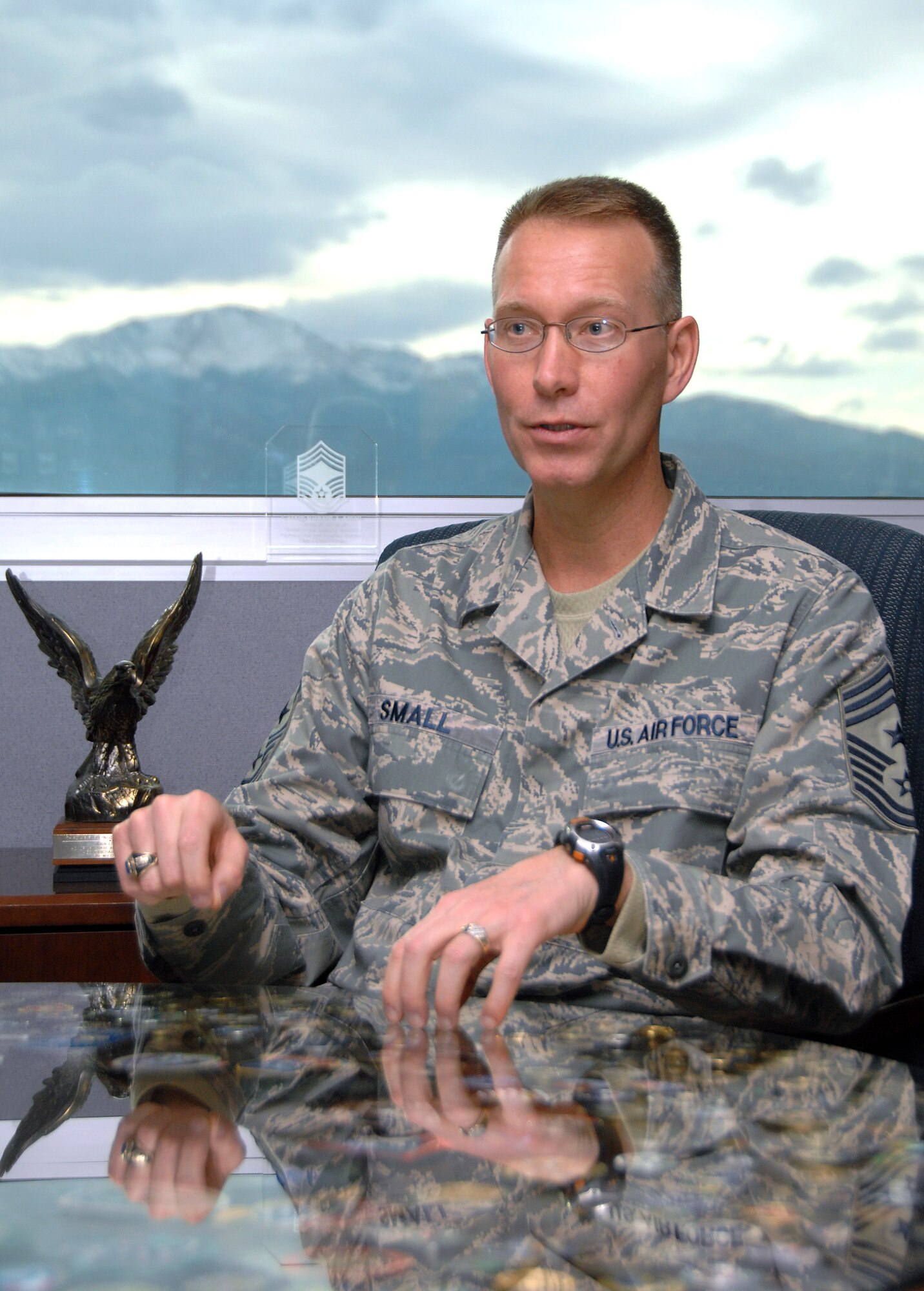 Chief Master Sgt. Richard T. Small is the command chief master sergeant for Air Force Space Command. He serves as the senior enlisted advisor to the commander. (U.S. Air Force photo by Duncan Wood) 
 
