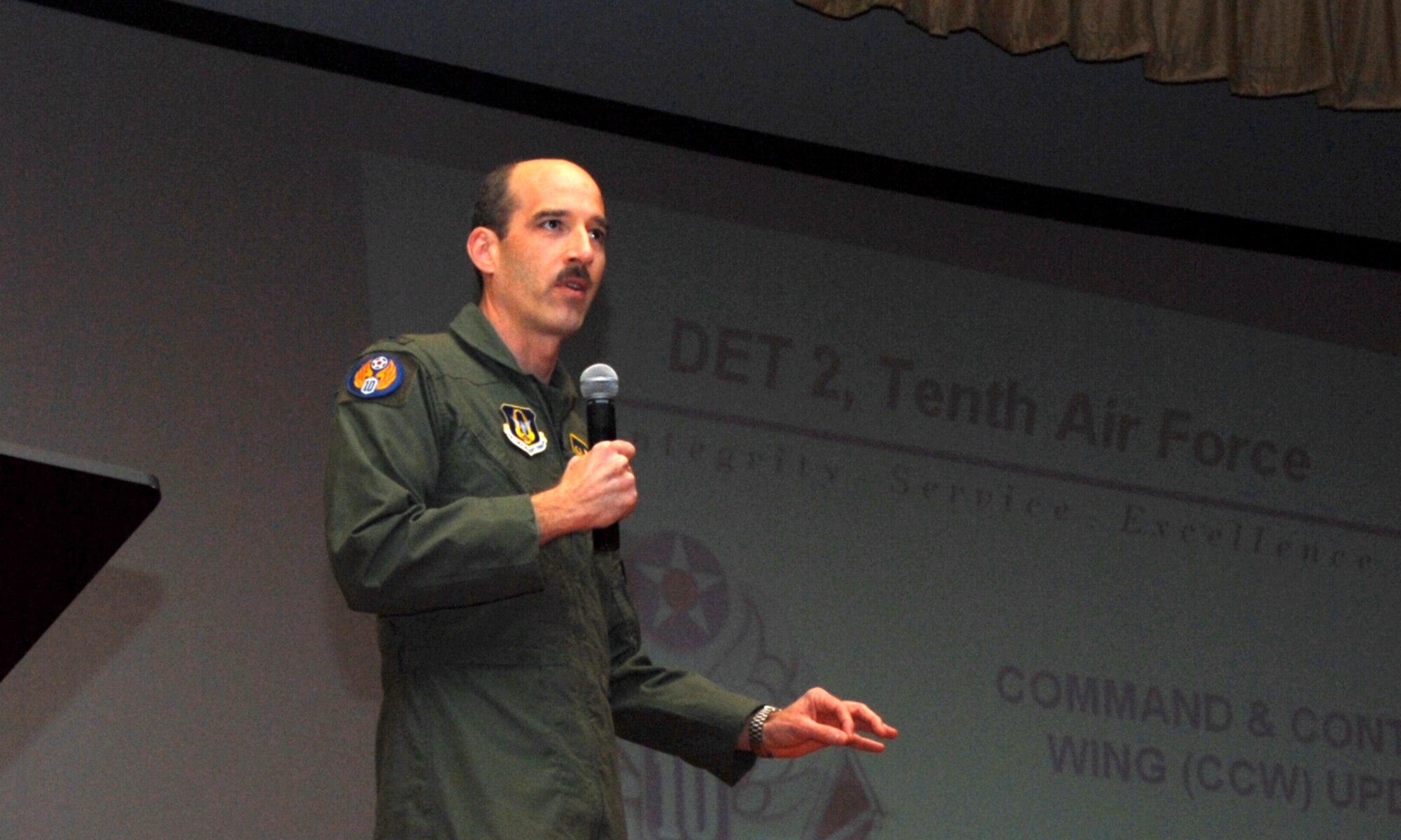 Air Force Reservist Col. Jeff "Sal" Mineo, Detachment 2 commander, briefs the Citizen Airmen of the 940th Air Refueling Wing Mar. 9, 2008 at Beale Air Force Base, Calif. about the unit's emerging missions and job opportunities.  The Base Realignment and Closure Commission directed that the 940th ARW change missions from the KC-135 Stratotanker to multiple command and control missions by October 2008. (U.S. Air Force photo/Staff Sgt. Luke Johnson)