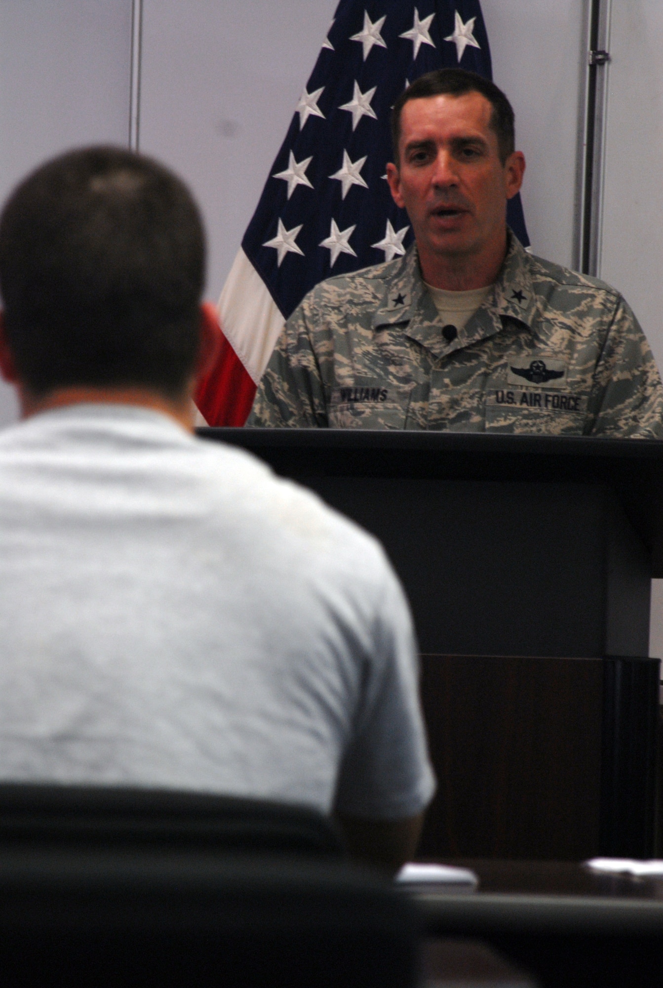 Brig. Gen Brett Williams, 18th Wing commander, briefs members of the “press” during a mock press conference during the 2008 Pacific Air Forces Operational Readiness Inspection at Kadena Air Base, Japan, March 10, 2008. PACAF is conducting the inspection from March 9 to 15 to validate the mission readiness of the 18th Wing. (U.S. Air Force photo/Staff Sgt. Christopher Marasky)