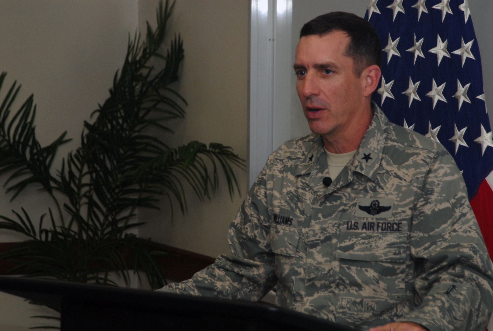 Brig. Gen Brett Williams, 18th Wing commander, briefs members of the “press” during a mock press conference during the 2008 Pacific Air Forces Operational Readiness Inspection at Kadena Air Base, Japan, March 11, 2008. PACAF is conducting the inspection from March 9 to 15 to validate the mission readiness of the 18th Wing. (U.S. Air Force photo/Staff Sgt. Christopher Marasky)