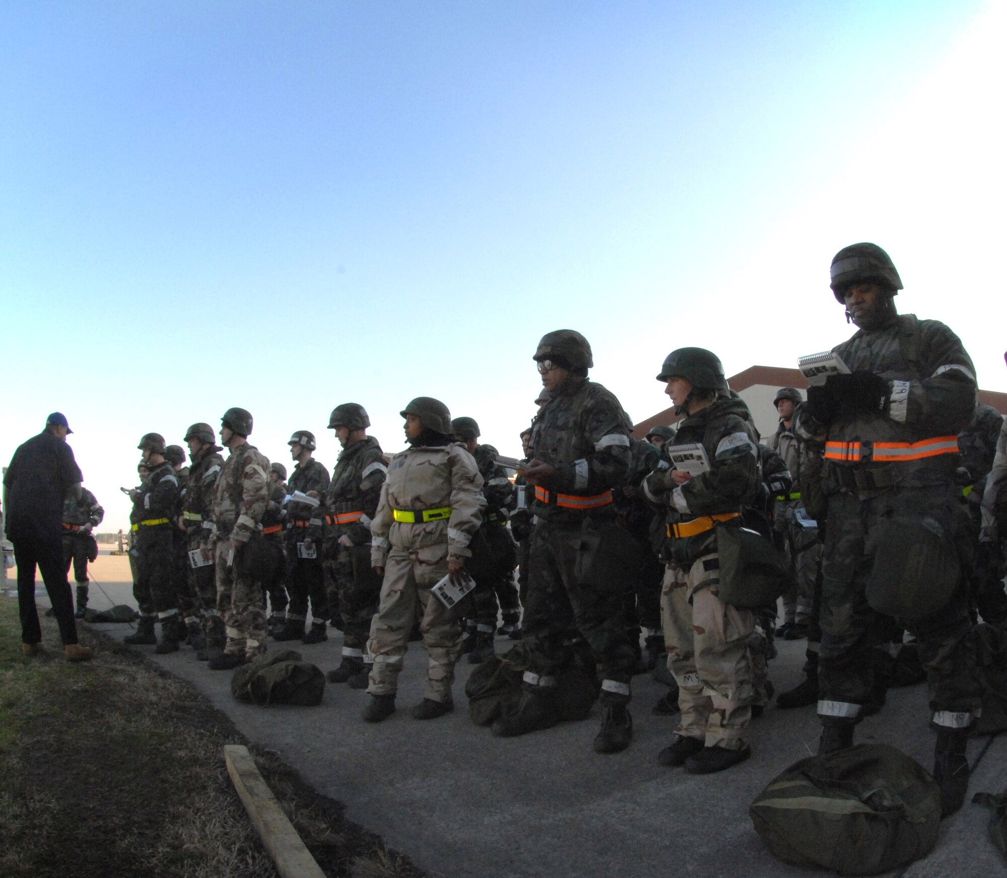 LANGLEY AIR FORCE BASE, Va. -- Troops prepare for Langley's upcoming Operational Readiness Inspection during the ORI training day March 11.Troops practiced their ability to survive and operate, perform post attack reconnaissance, self-aid buddy care, and went over material from the Airman's manual and general knowledge on military operations. (U.S. Air Force photo/Senior Airman Cecil C. McCloud)