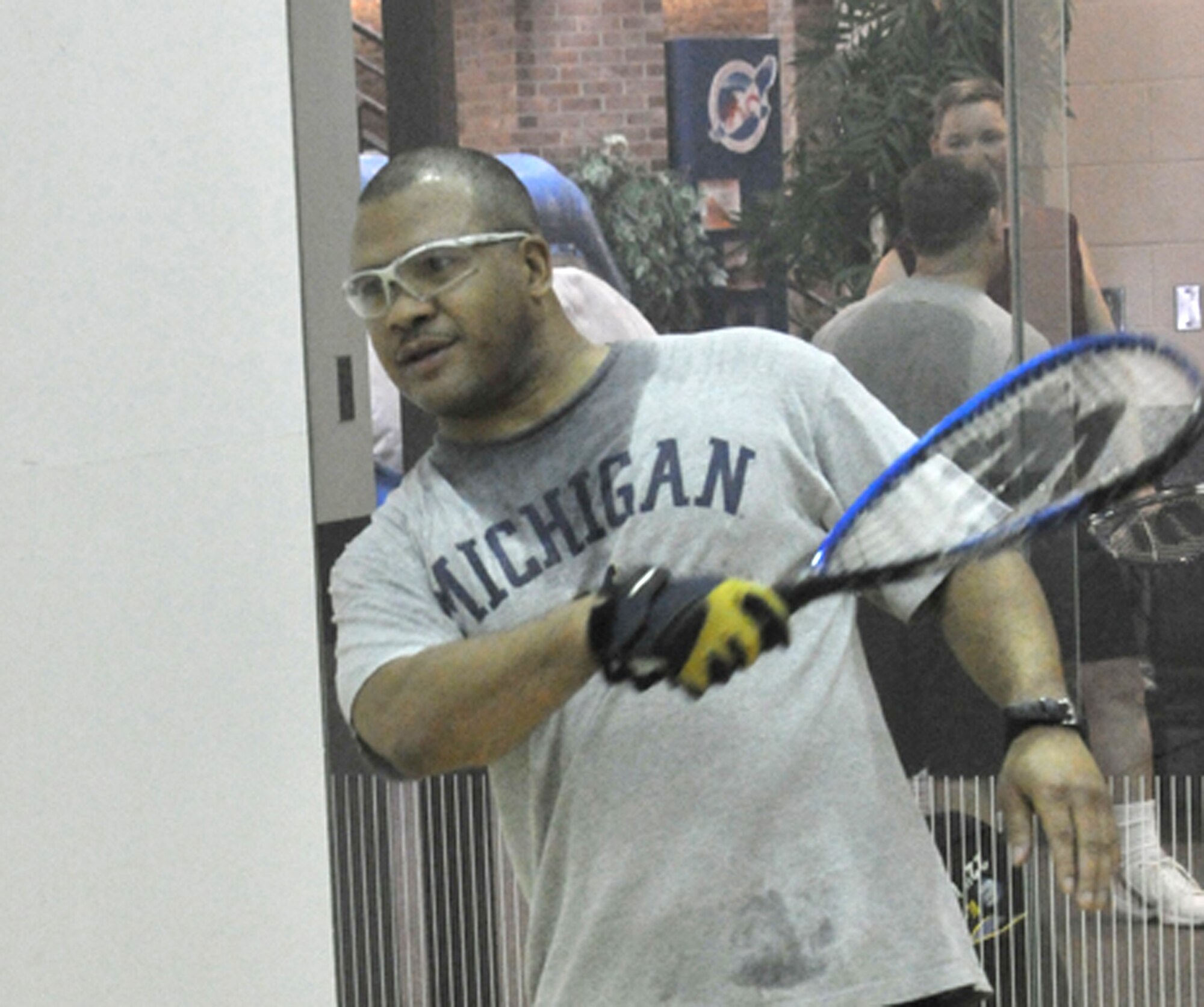 Vic McCoy, a member of the Det.4 intramural racquetball team. The top four teams in the league, 21st Services Squadron, USNORTHCOM, United States Air Force Academy Band and Detachment 4 Air Force Operation and Test Evaluation Center made the playoffs and began the process of determining the base champion March 4. (U.S. Air Force photo/Walt Johnson)