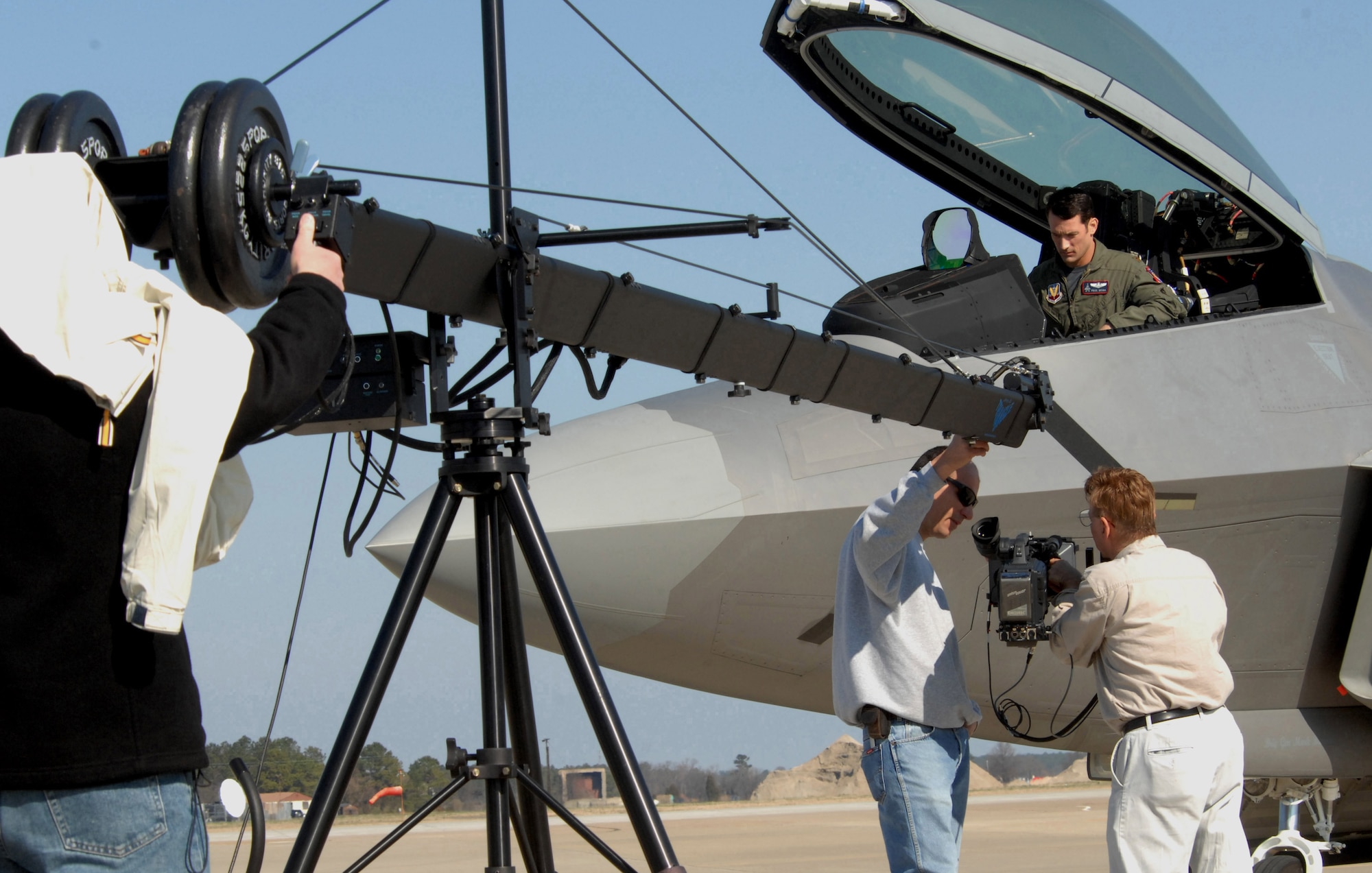 LANGLEY AIR FORCE BASE, Va. -- The Discovery Military Channel filmed an episode here March 11. The episode, which is part of the series "Showdown: Air Combat," will focus on the F-22 and its capabilities. Maj. Paul Moga, F-22 demonstration team pilot, will host the series, which is scheduled to premiere in June and will highlight different military aircraft.  (U.S. Air Force photo/Senior Airman Cecil C. McCloud)