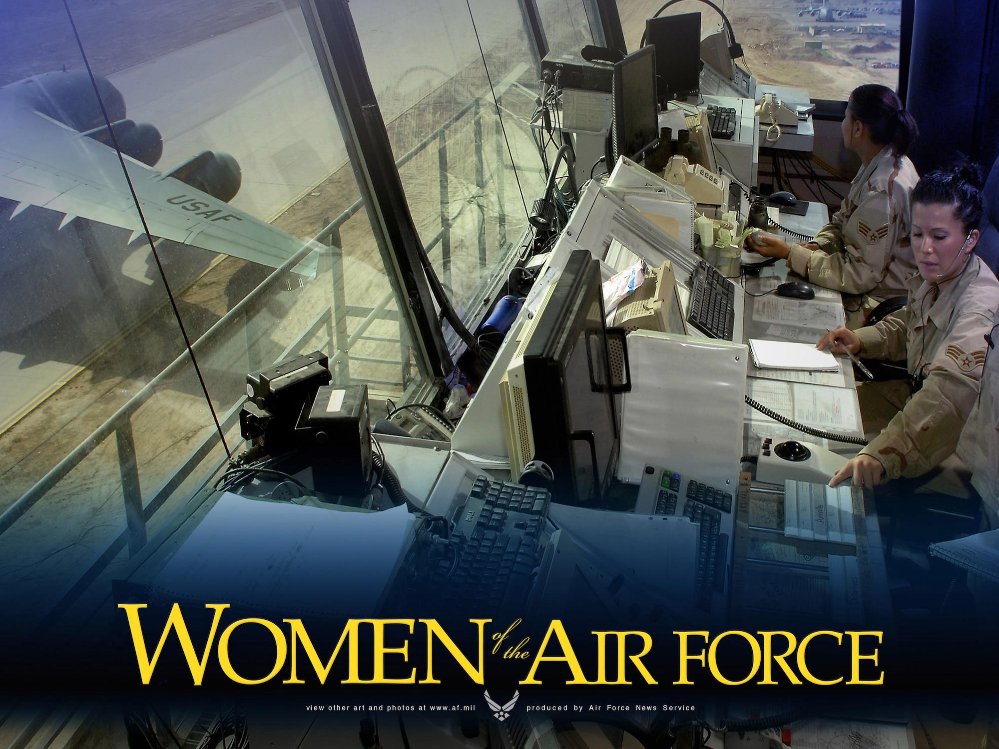 Senior Airmen Sherrilyn Ceja and Nicole Lundie control aircraft flying into and out of Balad Air Base, Iraq.  Women in the Air Force are featured this month on Air Force Link with photos and downloadable posters.  (U.S. Air Force illustration/Virginia Reyes)