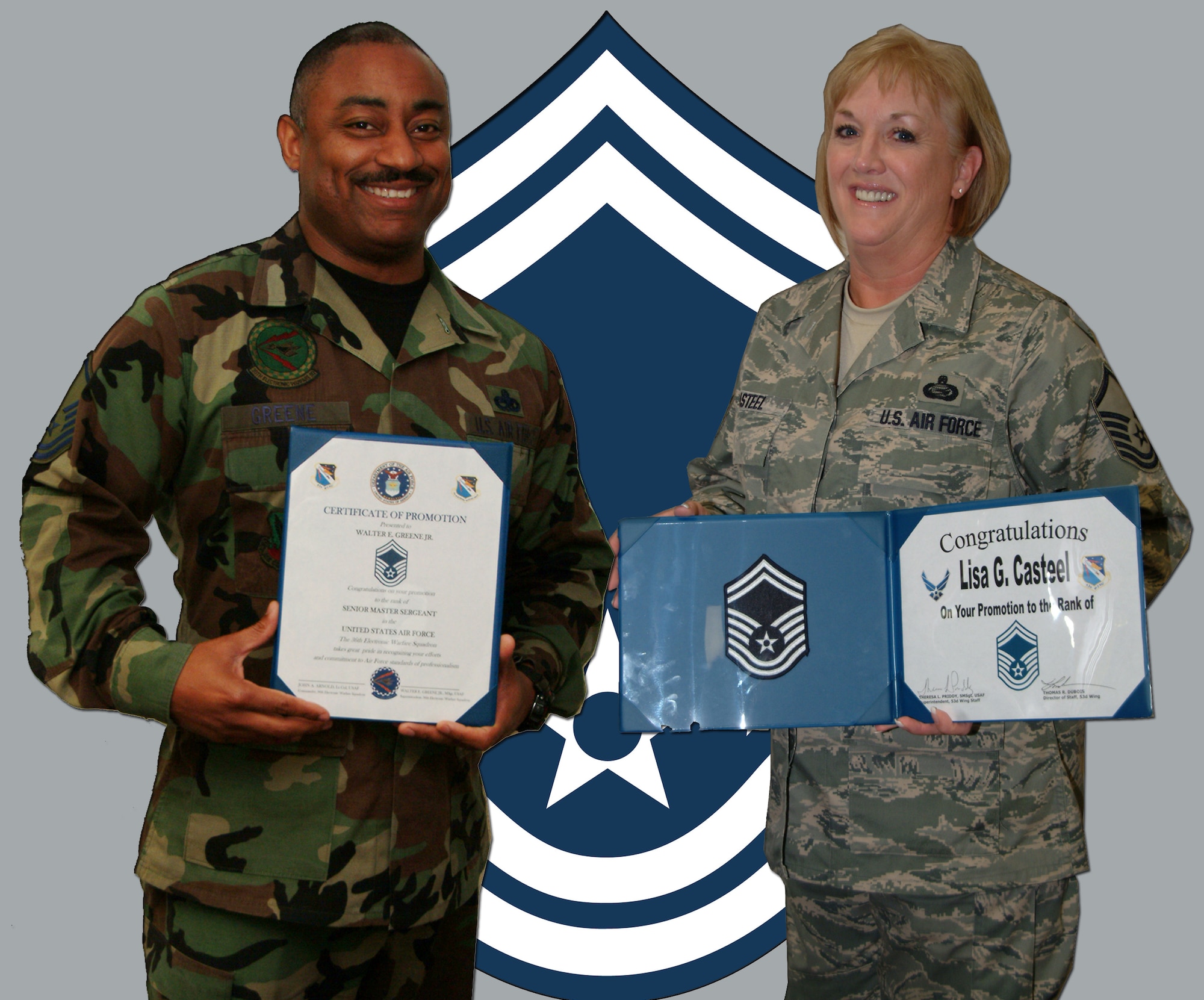 Master Sgt.s Walter Greene, 36th Electronic Warfare Squadron, and Lisa Casteel, 53d Wing staff, were selected for promotion to senior master sergeant March 12. The 53d Wing had eight others selected at geographically separated locations. Graphic by Staff Sgt. Samuel King Jr. 
