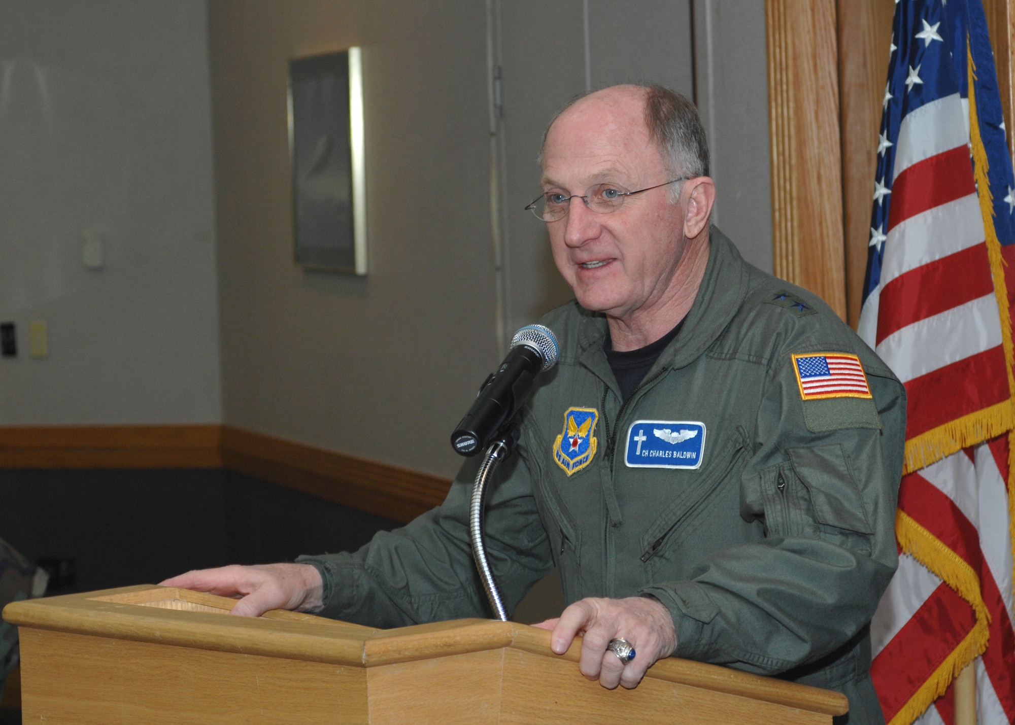 WHITEMAN AIR FORCE BASE, Mo. – Chaplain (Maj. Gen.) Charles Baldwin, Air Force Chief of Chaplains, speaks at the Whiteman National Prayer Breakfast March 11. In 1953, President Dwight Eisenhower presided over the first National Prayer Breatfast in Washington, D.C. (U.S. Air Force photo/Tech. Sgt. Samuel A. Park)


