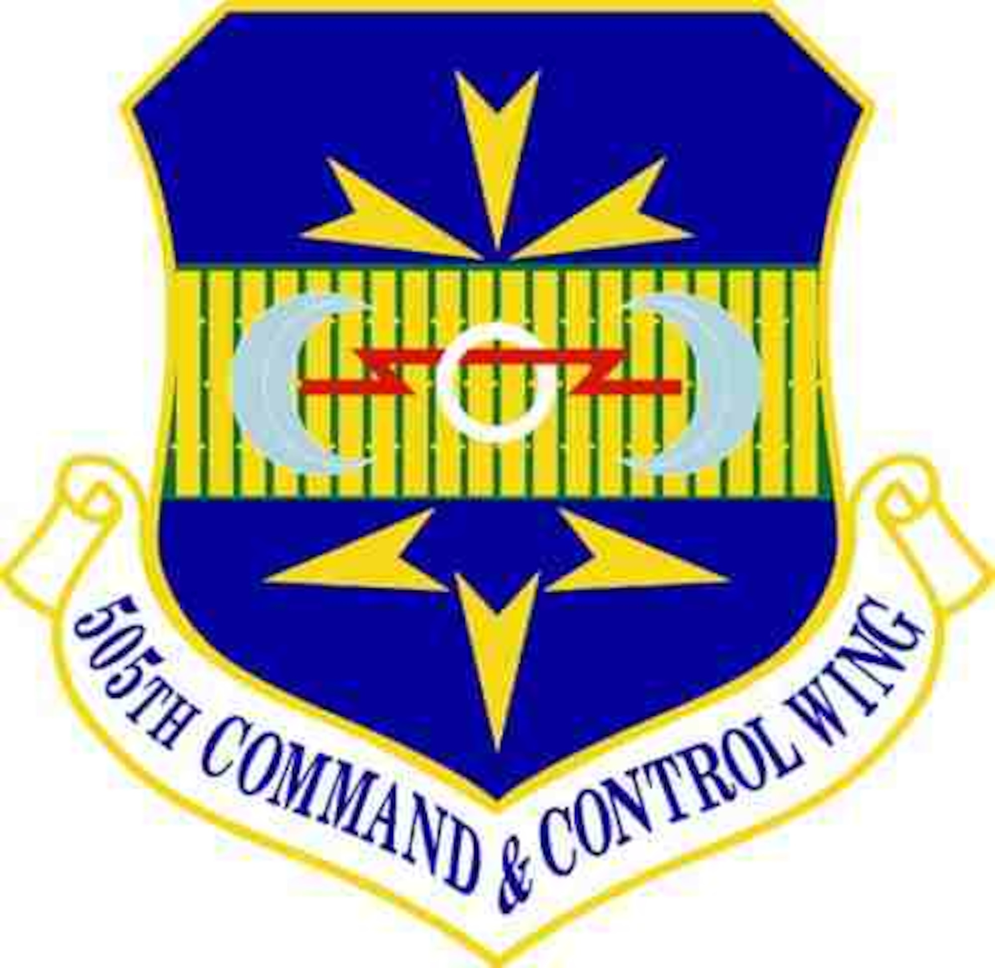 505th Command and Control Wing: The blue background represents the sky, the primary theater of Air Force operations.  The bamboo curtain signifies the units service in Vietnam.  The control and direction of strike aircraft against the enemy by Forward Air Controllers is symbolized by the flight symbols in chief.  The flight symbols in base allude to the control of aircraft for effective air defense.  The double bevile refers to lightning and represents the unit’s complete ground/air communications support, search and direction capability.  The crescents symbolize the moon going through its phases and represent the Wing’s continuing performance of its mission month in and month out.  The emblem bears the National colors and the Air Force colors of gold and ultramarine blue. 