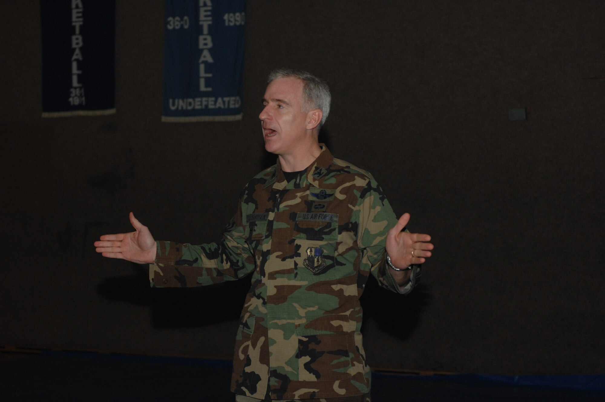 SPANGDAHLEM AIR BASE, Germany – Col. Thomas Feldhausen, 52nd Fighter Wing commander, briefs about stopping alcohol related incidents and drunk driving during a base-wide commander's call March 7, 2008. (U.S. Air Force photo/Senior Airman Kristin Ruleau) 