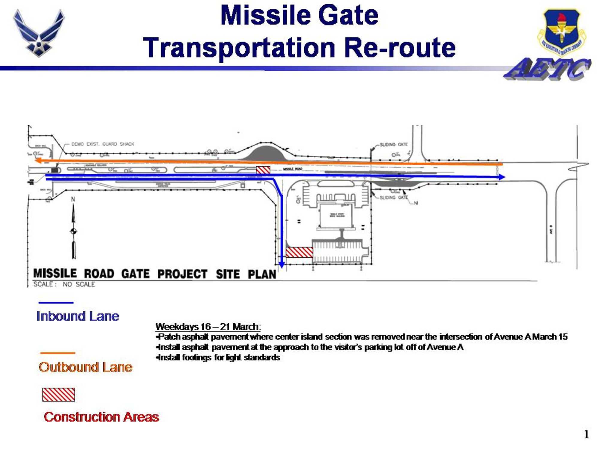 Construction crews will close down portions of Missile Road March 15 as part of the $450,000 project to relocate the visitor's center. Missile Road between Avenues A and B will be closed due to construction during the day, but the single inbound lane will re-open that evening. (U.S. Air Force graphic)