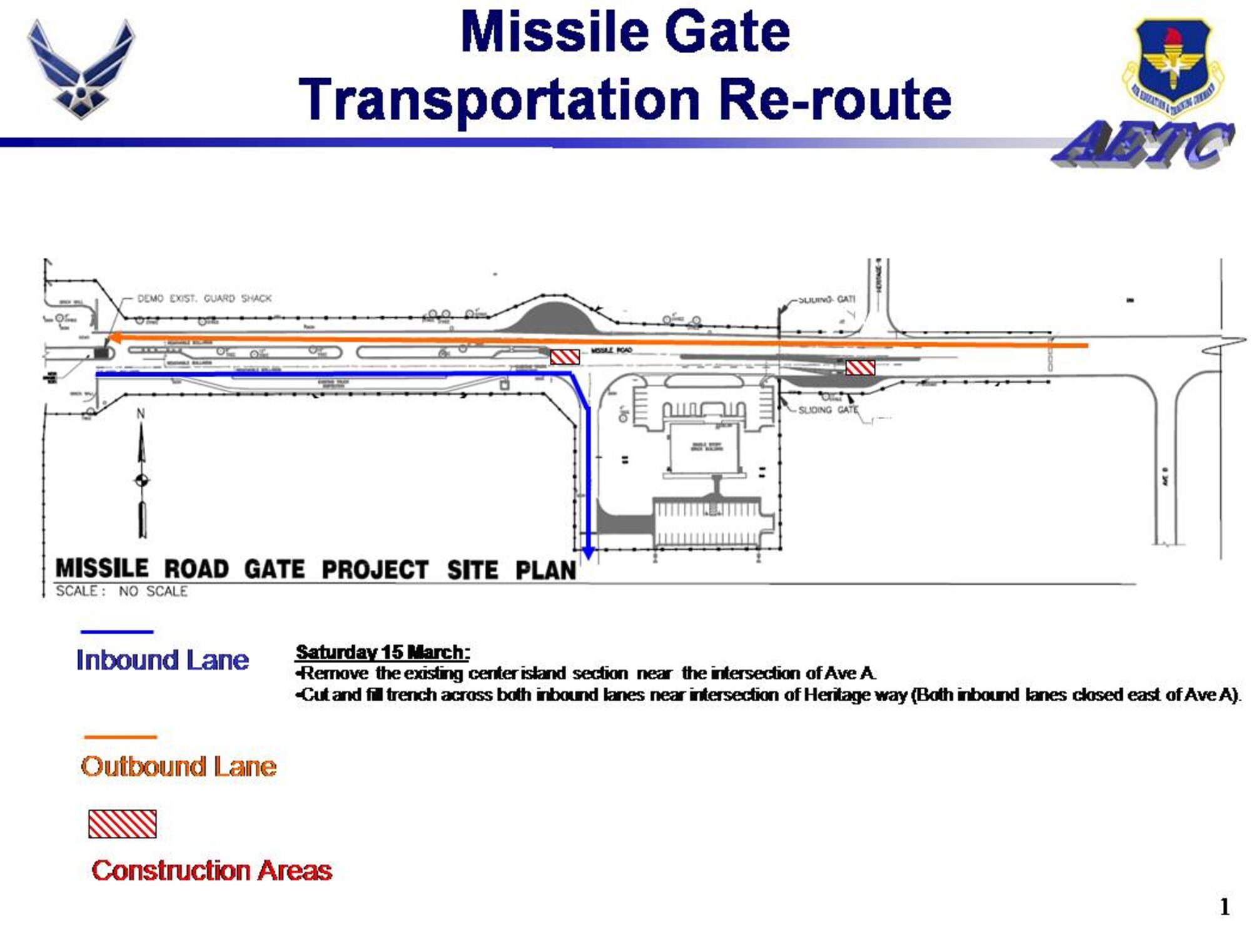 Construction crews will close down portions of Missile Road March 15 as part of the $450,000 project to relocate the visitor's center. Missile Road between Avenues A and B will be closed due to construction. Motorists entering the base through the Missile Road gate will detour onto Avenue A to Ninth Street. (U.S. Air Force graphic)