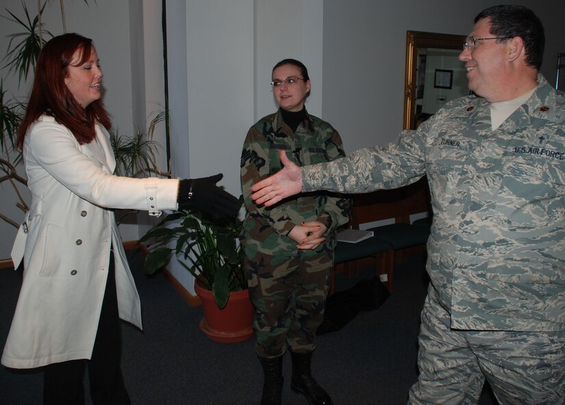 The 932nd Airlift Wing Chaplain (Maj.) Keith Turner, welcomes a broadcaster from the University of Illinois during a recent tour.  Broadcasting graduate students from the University of Illinois recently interviewed him.  He and his staff are temporarily located at Chapel One, room 122 during UTA Hours: 0730-1100, or 1230-1600 and by appointment. The wing headquarters building is currently under renovation.  Photo/Capt. Stan Paregien