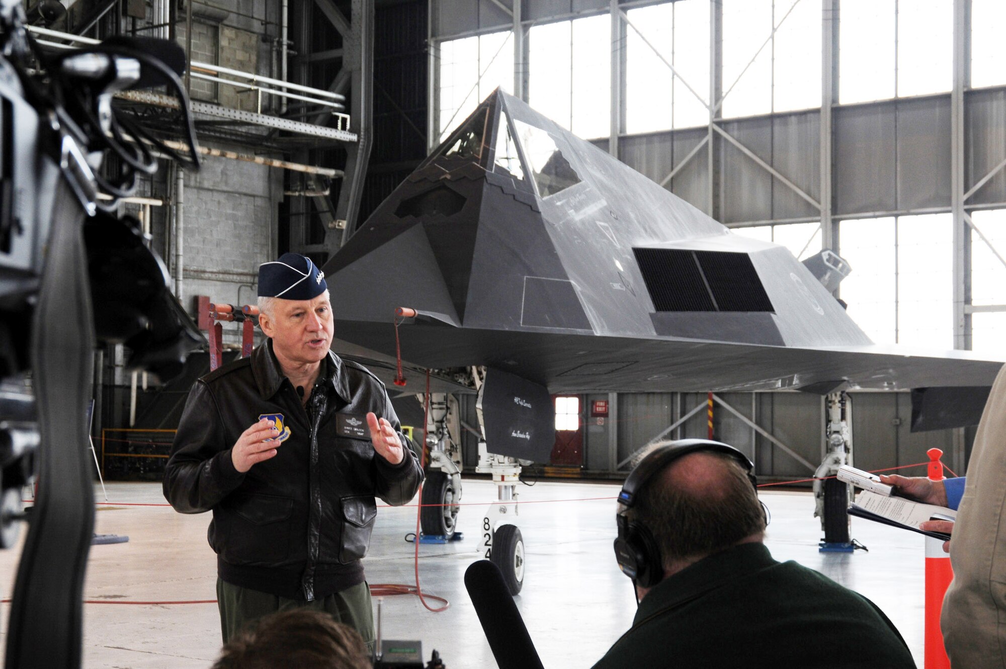 Air Force Materiel Command Commander Gen. Bruce Carlson conducts interviews with the media during the F-117 Nighthawk Farewell Ceremony at Wright-Patterson Air Force Base, Ohio, March 11. The ceremony concluded with a single ship flyover. (U.S. Air Force photo/Staff Sgt Joshua Strang)
