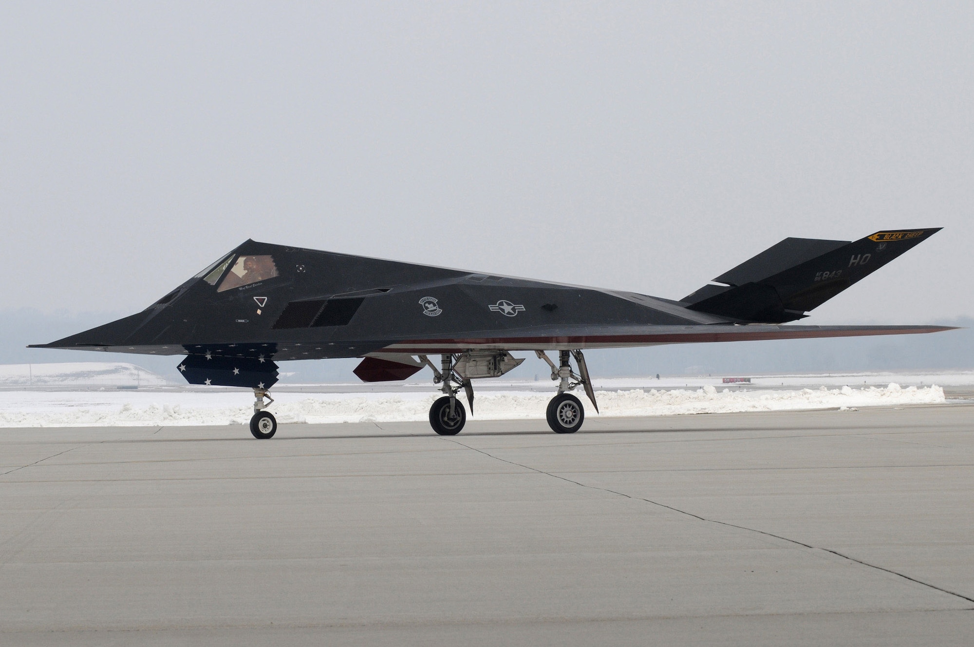 An F-117 Nighthawk taxis into position during the F-117 Nighthawk farewell ceremony at Wright-Patterson Air Force Base, Ohio, March 11. The ceremony consisted of mulitple guest speakers, a piece by the Air Force Band of Flight and concluded with a single ship flyover. (U.S. Air Force photo/Staff Sgt Joshua Strang)