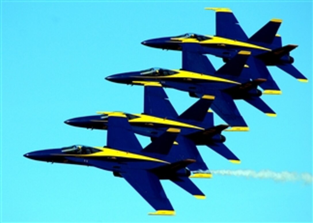 The Navy Flight Demonstration Squadron, the Blue Angels, perform at the El Centro Air Show, March 8, 2008. The show was the first of 35 planned performances for the Blue Angels in 2008. 