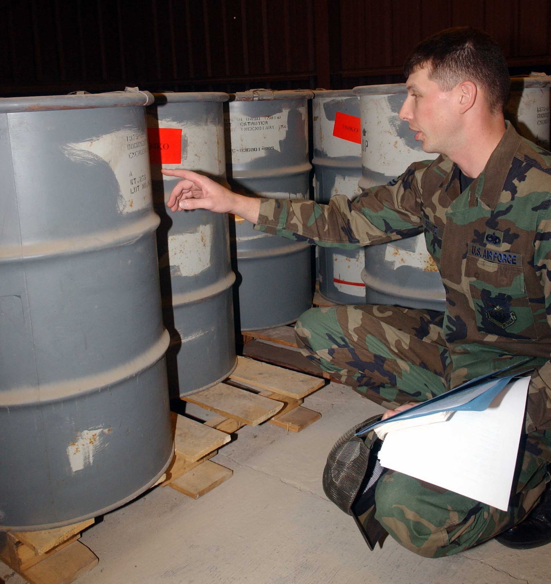 Tech. Sgt. Jason Braatz, 51st Fighter Wing weapons safety technician, inspects an ammo can during a routine inspection March 12. The Weapons Safety section was recently recognized as the best explosive safety program in the Air Force. In addition to managing and training unit safety representatives, the section is also responsible for performing quarterly, annual and spot inspection on all weapons facilities and operations. (U.S. Air Force photo/Staff Sgt. Candy Knight)