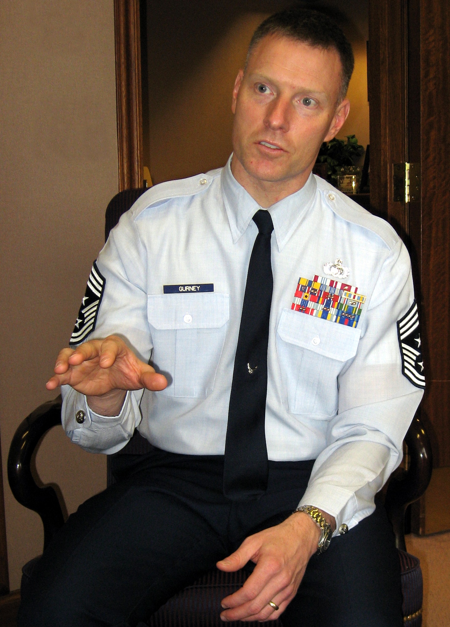 Chief Master Sergeant William C. Gurney, command chief for Air Force Materiel Command, describes his personal communication style as “the eternal optimist.” (Air Force photo by John Scaggs) 

