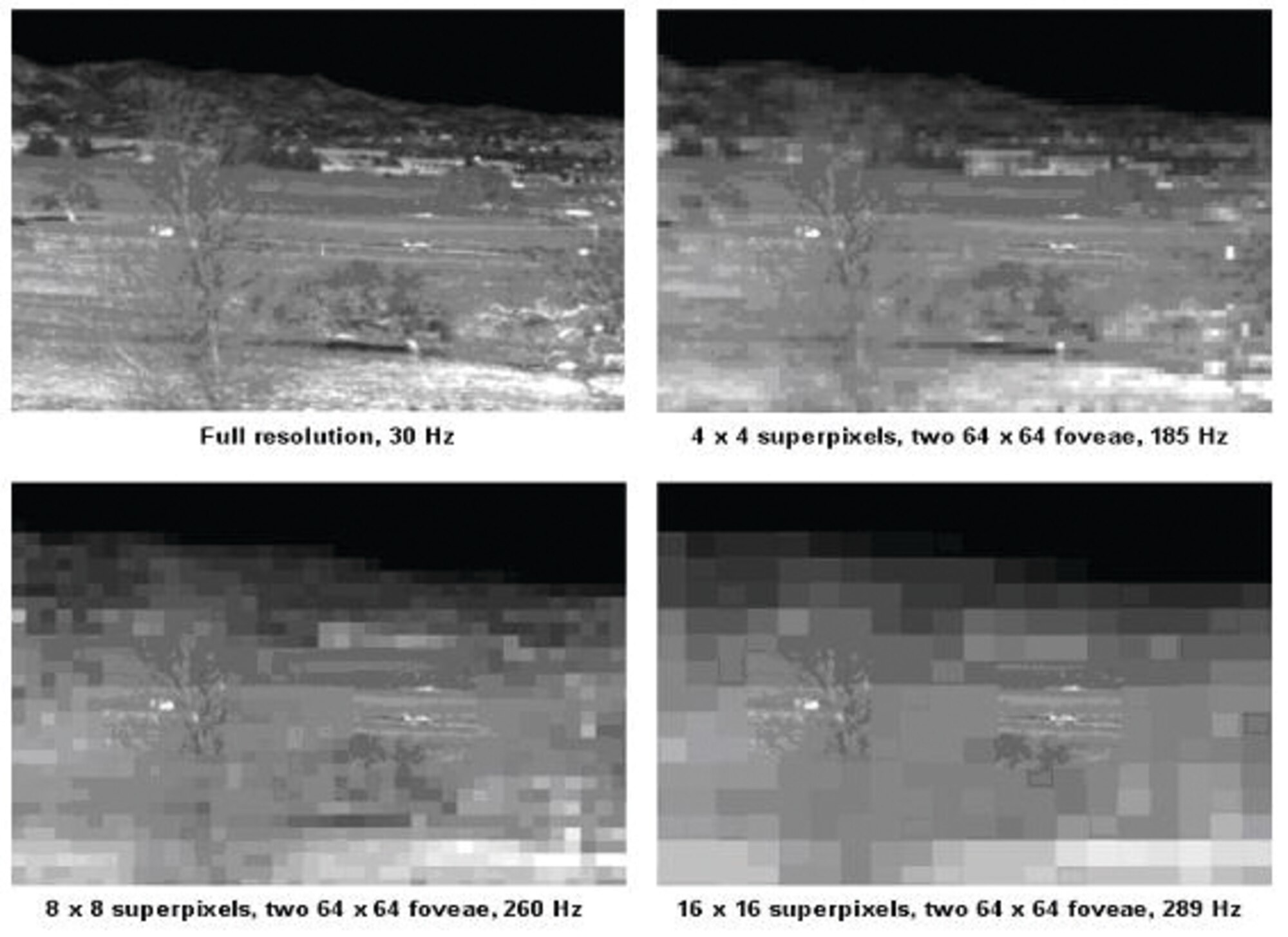 In this example of multitarget tracking, an image sequence reveals the frame rate with varying levels of spatial superpixelation; as superpixel size expands, frame rate increases for a fixed number of high-resolution “foveal” pixels.