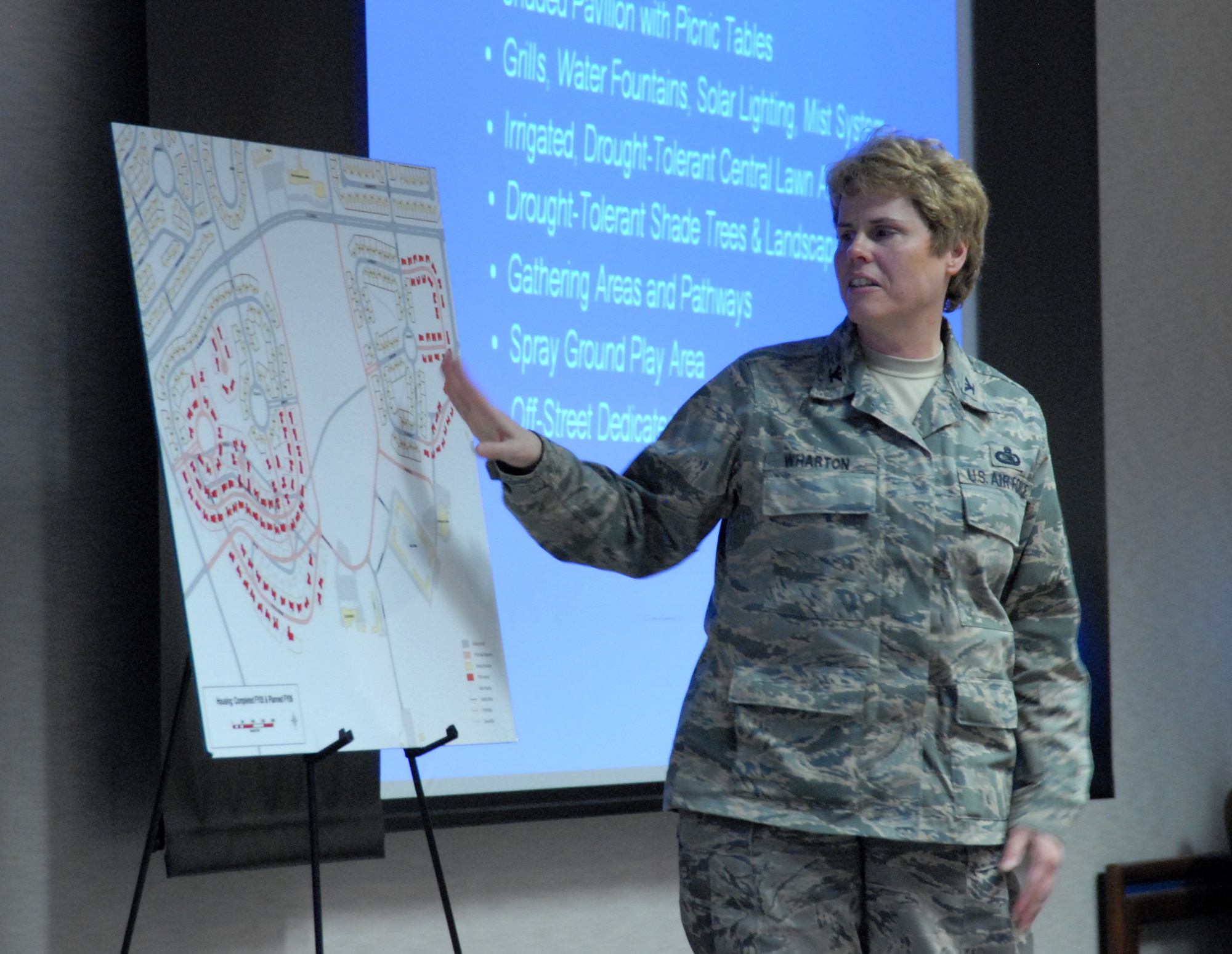 Col. Nancy Wharton, 95th Air Base Wing commander, speaks to private housing developers March 6 about the community development plan for the base. Edwards held the tour for several home developers interested in running the housing areas once they are privatized. (Air Force photo by Airman 1st Class Stacy Sanchez)