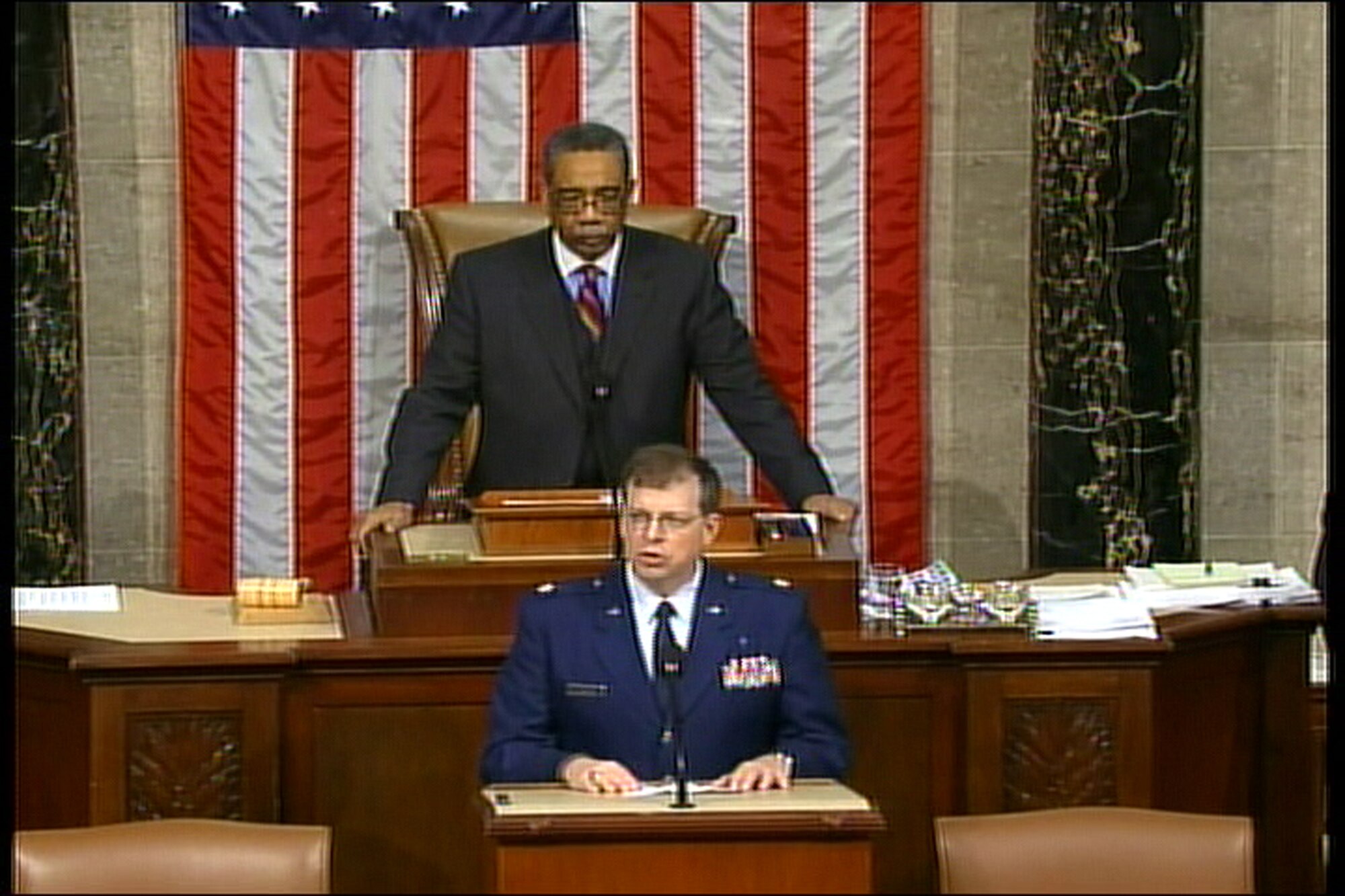 Chaplain Maj. William Dickens, 445th Airlift Wing Chaplain, gives the invocation at the Capital Building for the U.S. House of Representatives in Washington D.C., Feb. 12, 2008. (U.S. Air Force photo)