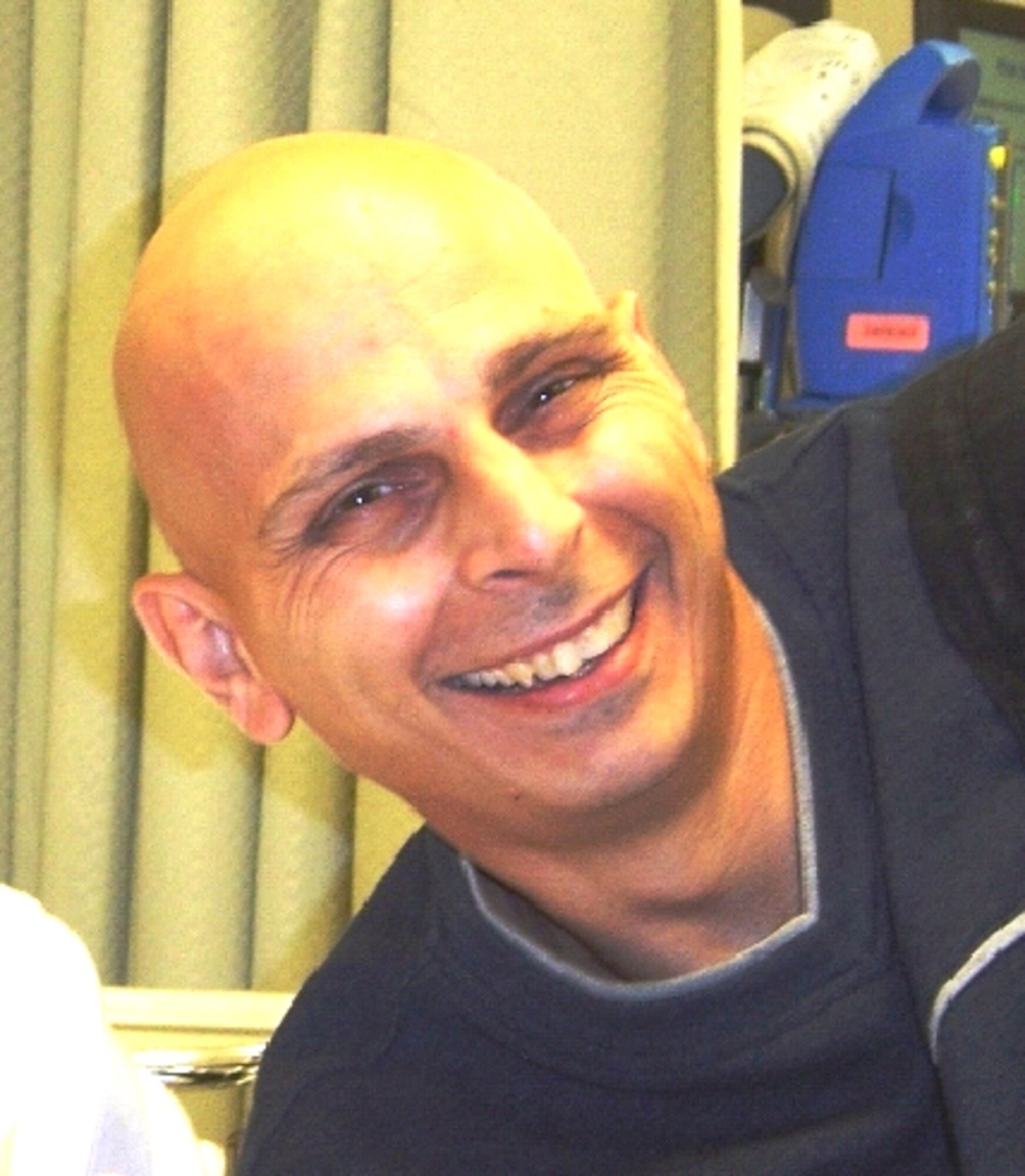 Tech. Sgt. James "JR" Consejero shortly after a chemotherapy treatment. The 344th Recruiting Squadron officer accessions recruiter was diagnosed with advanced multiple myeloma Feb. 26, 2006. He returned to Air Force recruiting in February 2008 after going into remission following a year of intensive treatments. (Courtesy photo)