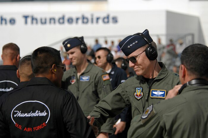 NELLIS AIR FORCE BASE, Nev. -- The Commander of Air Combat Command, General John Corley, shakes hands with members of the U.S. Air Force Thunderbirds prior to the acceptance show at Nellis Air Force Base, Nev., March 11. The acceptance show marks the beginning of the 2008 show season, which includes 37 showsites in the United States and Canada. (U.S. Air Force photo/Tech. Sgt. Justin D. Pyle)