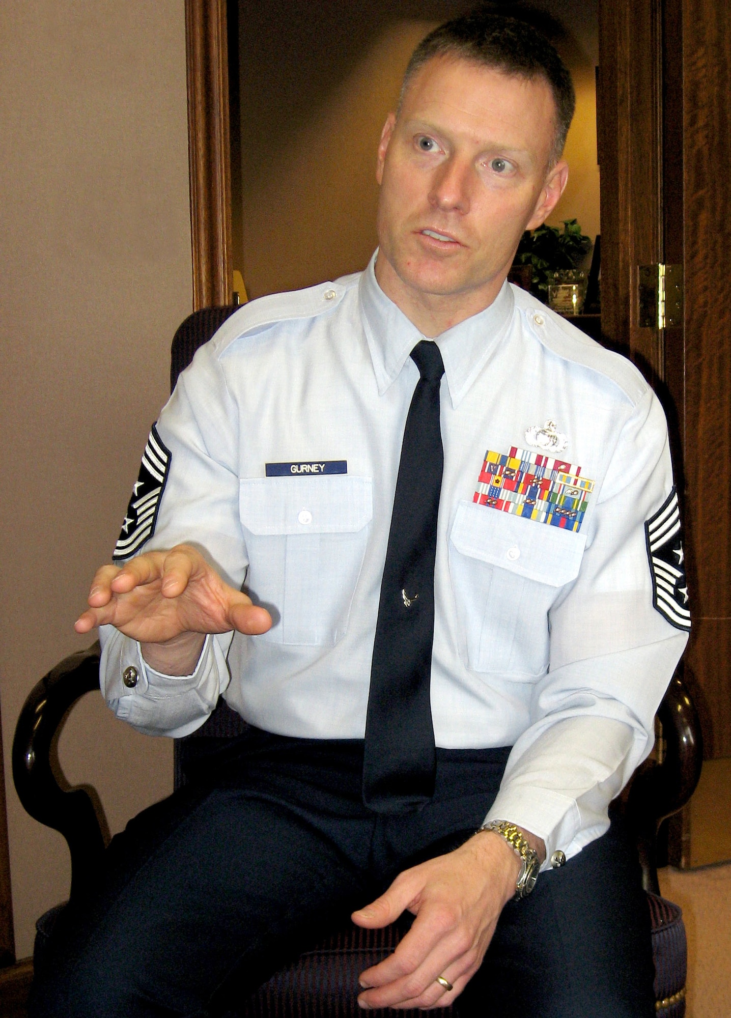 Chief Master Sgt. William Gurney describes his personal communication style as "the eternal optimist" March 13 at Wright-Patterson Air Force Base, Ohio. Chief Gurney is the command chief for Air Force Materiel Command. (U.S. Air Force photo/John Scaggs) 
