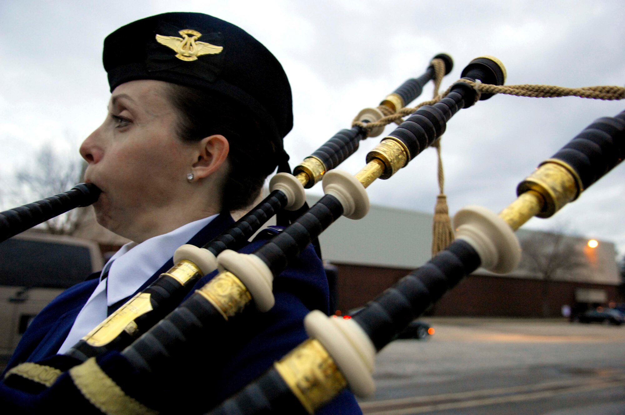 SUMTER, S.C.-- Master Sgt. Janice Thrift, Air Force Reserve Pipe Band member, warms up behind the Exhibition Center before her performance for the 2007 Shaw Air Force Base 20th Maintenance Group Professional of the Year Awards Banquet March 7. Sergeant Thrift is on temporary duty assignment from Robins AFB, Ga. (U.S. Air Force photo/Senior Airman Kathrine McDowell)