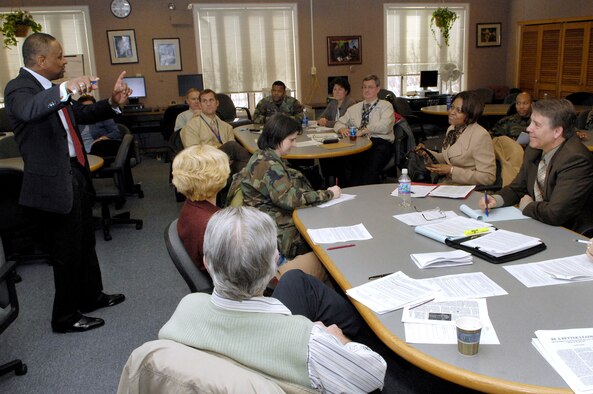 HANSCOM AFB, Mass. – Retired Col. Al Moseley, professor of program management at the Defense Acquisition University (far left), teaches a course titled “Be a Better Leader” March 11. The course was one of many offered during this quarter’s Integration Week. The leadership class challenged attendees to build a working definition of leadership, examined the motives of leaders and followers and looked at how to become a better leader. (U.S. Air Force photo by Mark Wyatt.)
