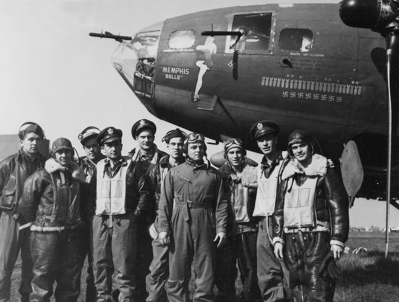 The crew of the "Memphis Belle"® after their 25th mission: (l to r) TSgt. Harold Loch (top turret gunner/engineer), SSg.t Cecil Scott (ball turret gunner), TSgt. Robert Hanson (radio operator), Capt. James Verinis (copilot), Capt. Robert Morgan (pilot), Capt. Charles Leighton (navigator), SSgt. John Quinlan (tail gunner), SSgt. Casimer Nastal (waist gunner), Capt. Vincent Evans (bombardier), and SSgt. Clarence Winchell (waist gunner). (U.S. Air Force photo)