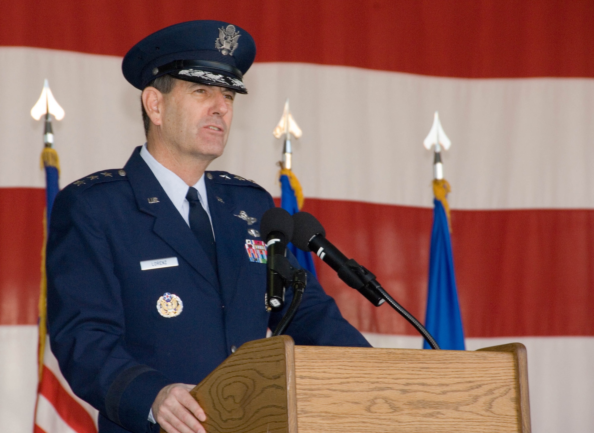 Lt. Gen. Stephen Lorenz speaks at the 42nd Air Base Wing change of command ceremony in this March 20, 2007, file photo. The U.S. Senate confirmed General Lorenz for his fourth star and to succeed Gen. William R. Looney III as commander of Air Education and Training Command. (Courtesy photo)