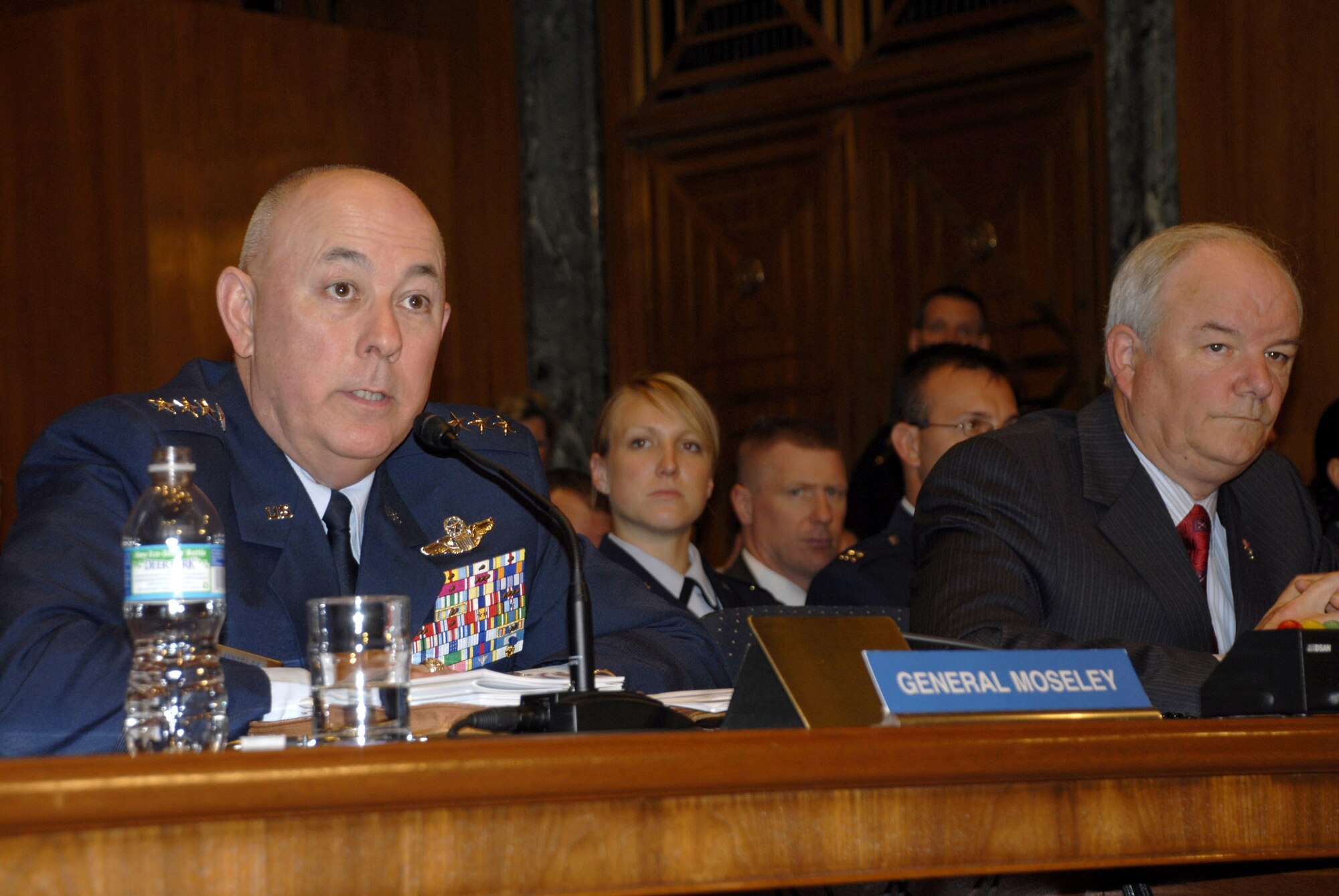 Air Force Chief of Staff Gen. T. Michael Moseley and Secretary of the Air Force Michael Wynne testify on the fiscal 2009 budget March 12 before the Senate Committee on Appropriations Subcommittee on Defense. Both leaders also testified on the budget before the House committee March 11. (U.S. Air Force photo/Staff Sgt. Monique Randolph)