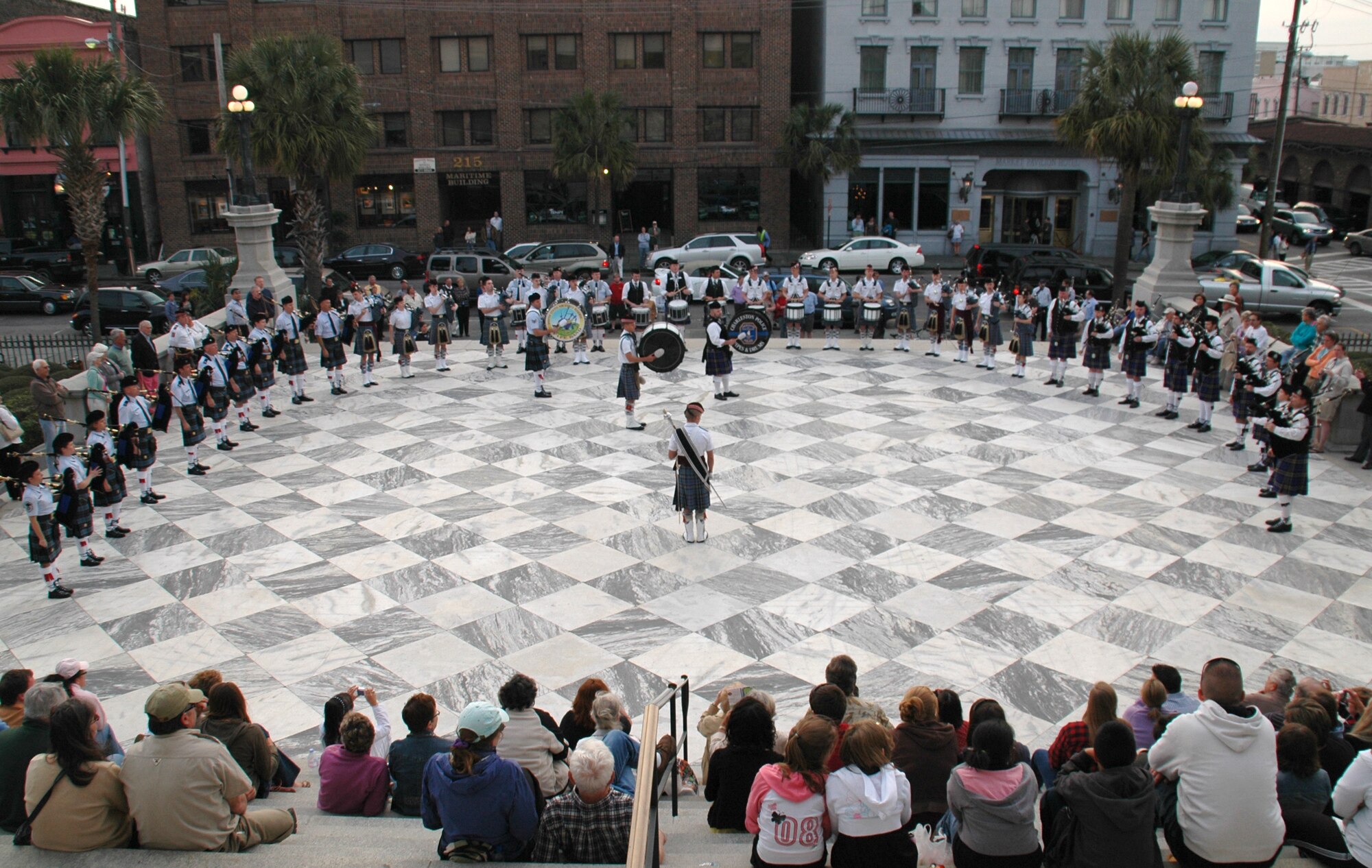 The Air Force Reserve Pipe Band in conjunction with The Citadel Pipe Band and the Charleston Police Department Pipe Band performed a free public concert on the steps of the U.S. Customs House downtown Charleston, S.C.  The Air Force Reserve Pipe Band was in Charleston to prepare for a performance for the President of the United States and the Irish Prime Minister on St. Patrick’s Day.
