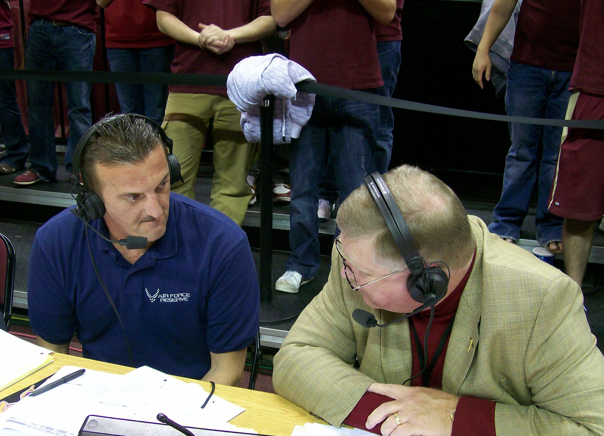 Senior Master Sgt. Roger Kendall, 919th Special Operations Wing recruiter, gives an interview during the half time portion of the Feb. 19 Clemson Basketball Game to Keith Jones, color analyst, about the benefits of joining the Air Force Reserve on the Seminole ISP Sports Network. Duke Field's recruiters sponsored the game in commemoration of the 60th Anniversary of the Air Force Reserve. (Courtesy Photo)