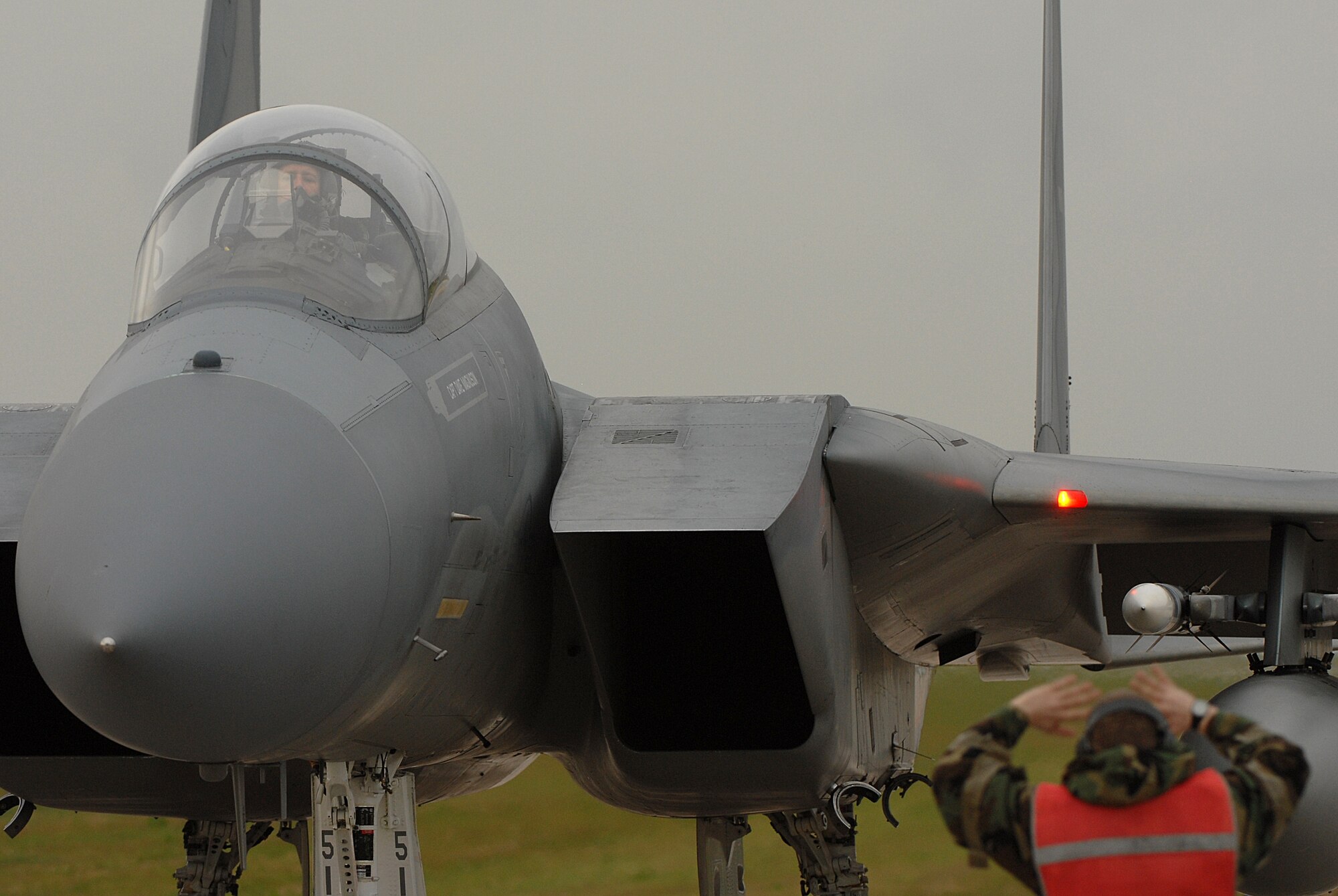 An F-15C waits for the final inspection prior to taking off, during the 2008 Pacific Air Forces Operational Readiness Inspection at Kadena Air Base, Japan, March 13, 2008. PACAF is conducting the inspection from March 9 to 15 to validate the mission readiness of the 18th Wing. (U.S. Air Force photo/Staff Sgt. Chrissy FitzGerald) 