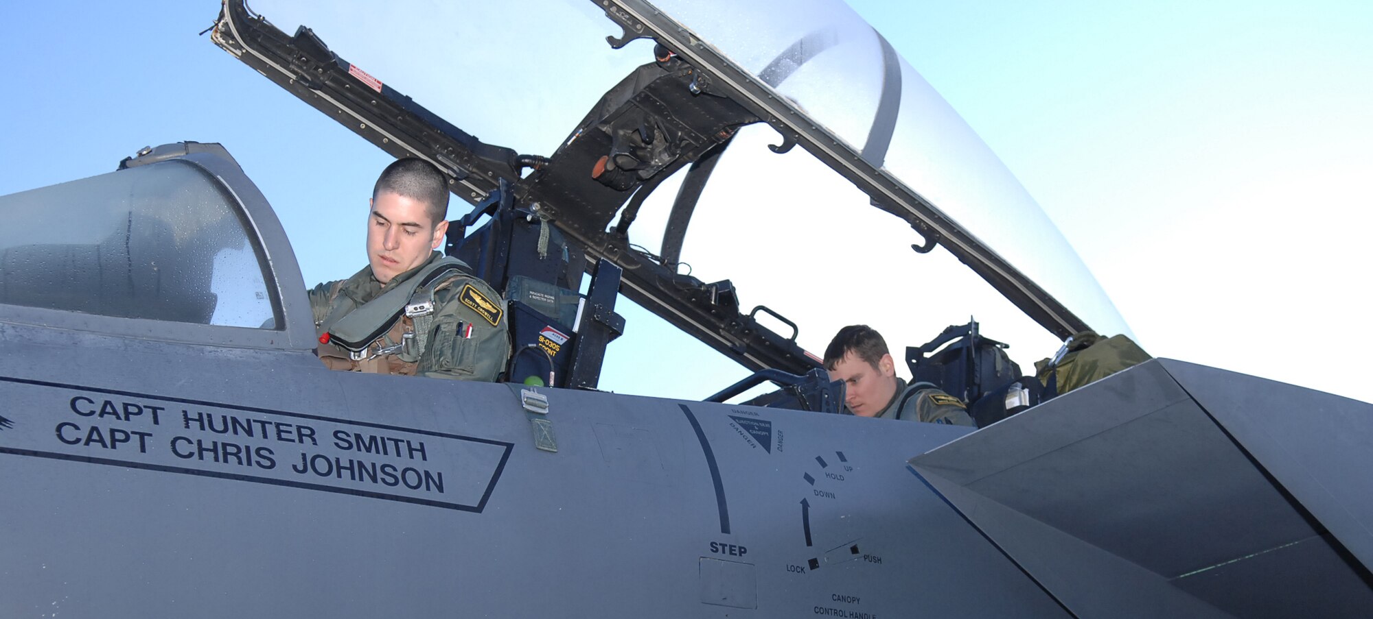 MOUNTAIN HOME AIR FORCE BASE, Idaho --First Lt. Scott Crowell, 391st Fighter Squadron F-15E Strike Eagle pilot, and Capt. Brian Carroll, 391st FS weapon systems officer, check their gear prior to takeoff during Exercise Coronet White 08-ACC-14 March 15. During the Phase I portion of the exercise, one of the main objectives is to deploy a predetermined number of jets to a simulated deployed location. The 366th Fighter Wing is participating in an Operational Readiness Inspection March 13-21 to test the wing's ability to deploy and take its mission to war. (U.S. Air Force photo by Staff Sgt. Kathy Parker) 